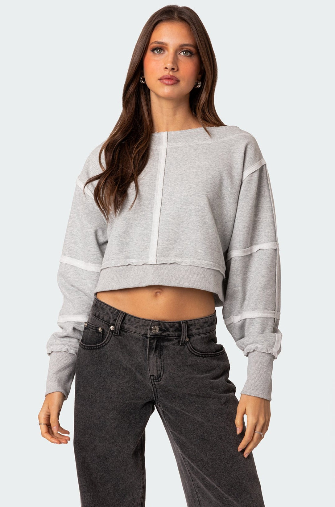 Gray Melange Cropped Sweatshirt for Women - Stylish and Comfortable