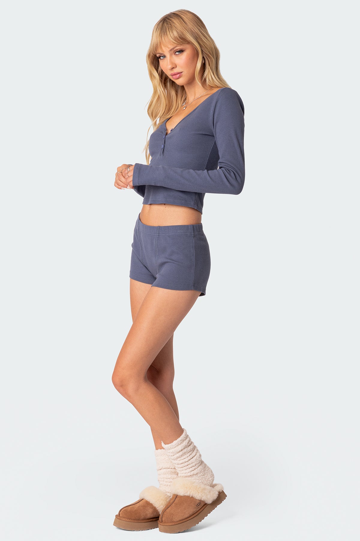Blue Ribbed Lounge Shorts Womens Matching Set
