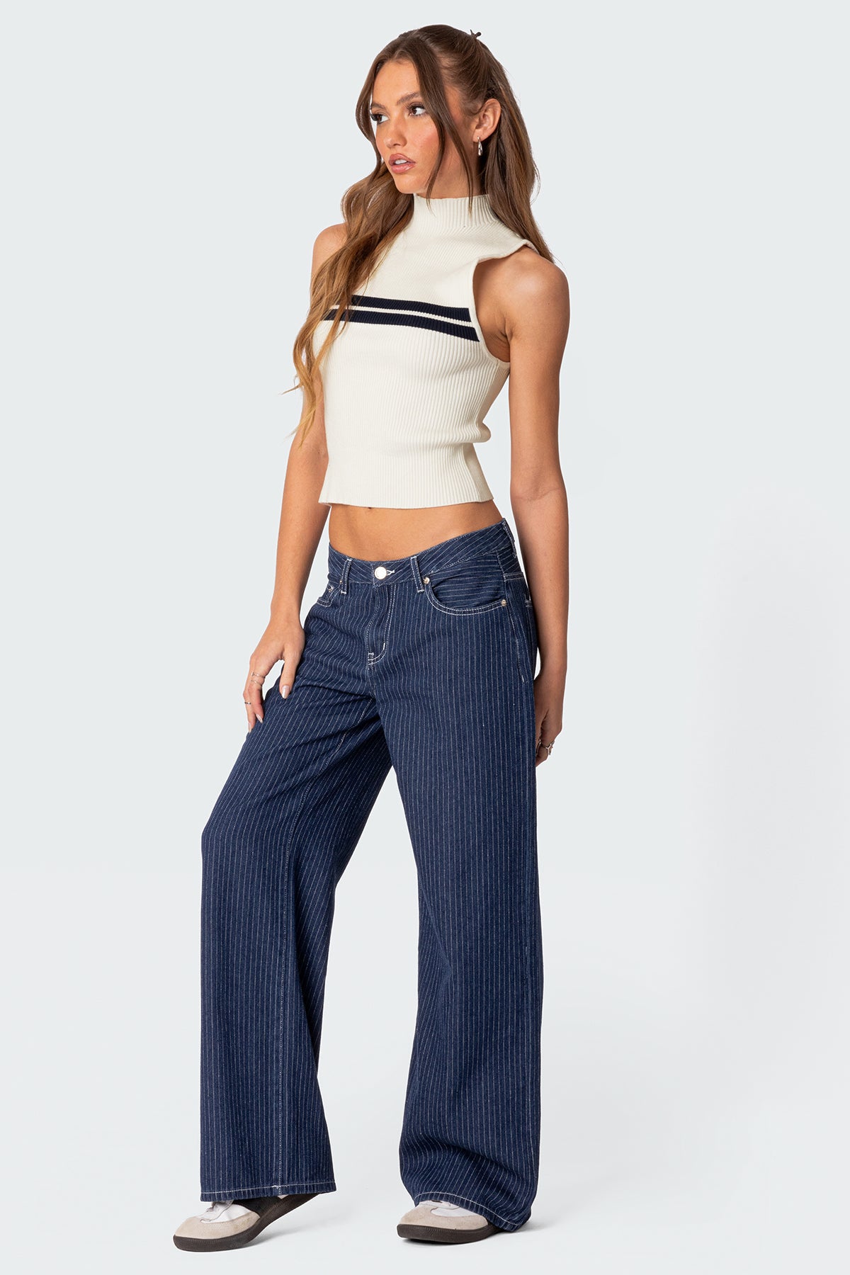 Ribbed High Neck Knitted Top in White