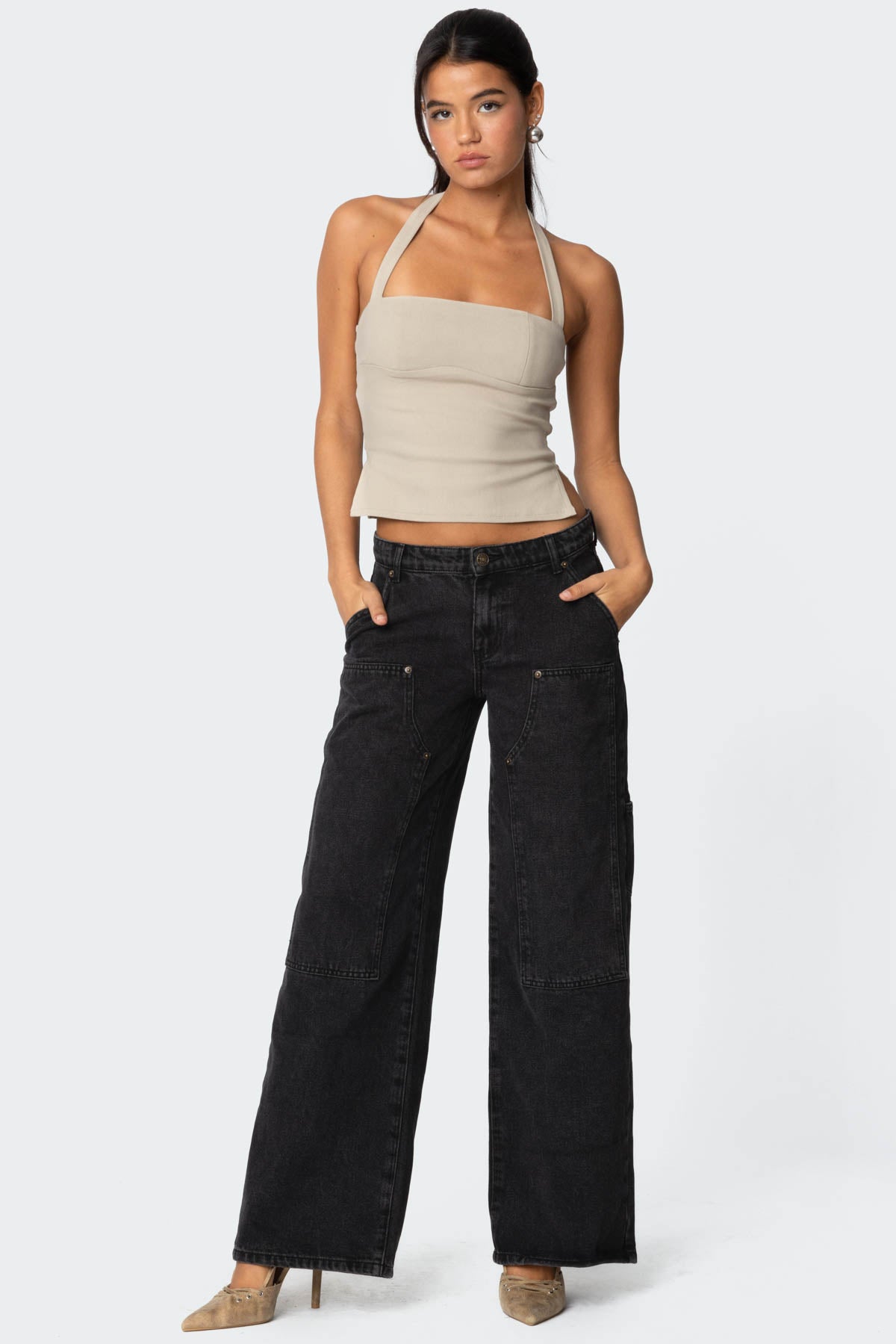 Black Low Rise Denim Carpenter Pants 100% Cotton