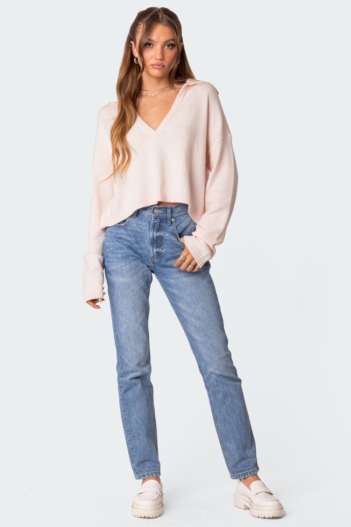 Blue Washed High Rise Straight Leg Denim Pants