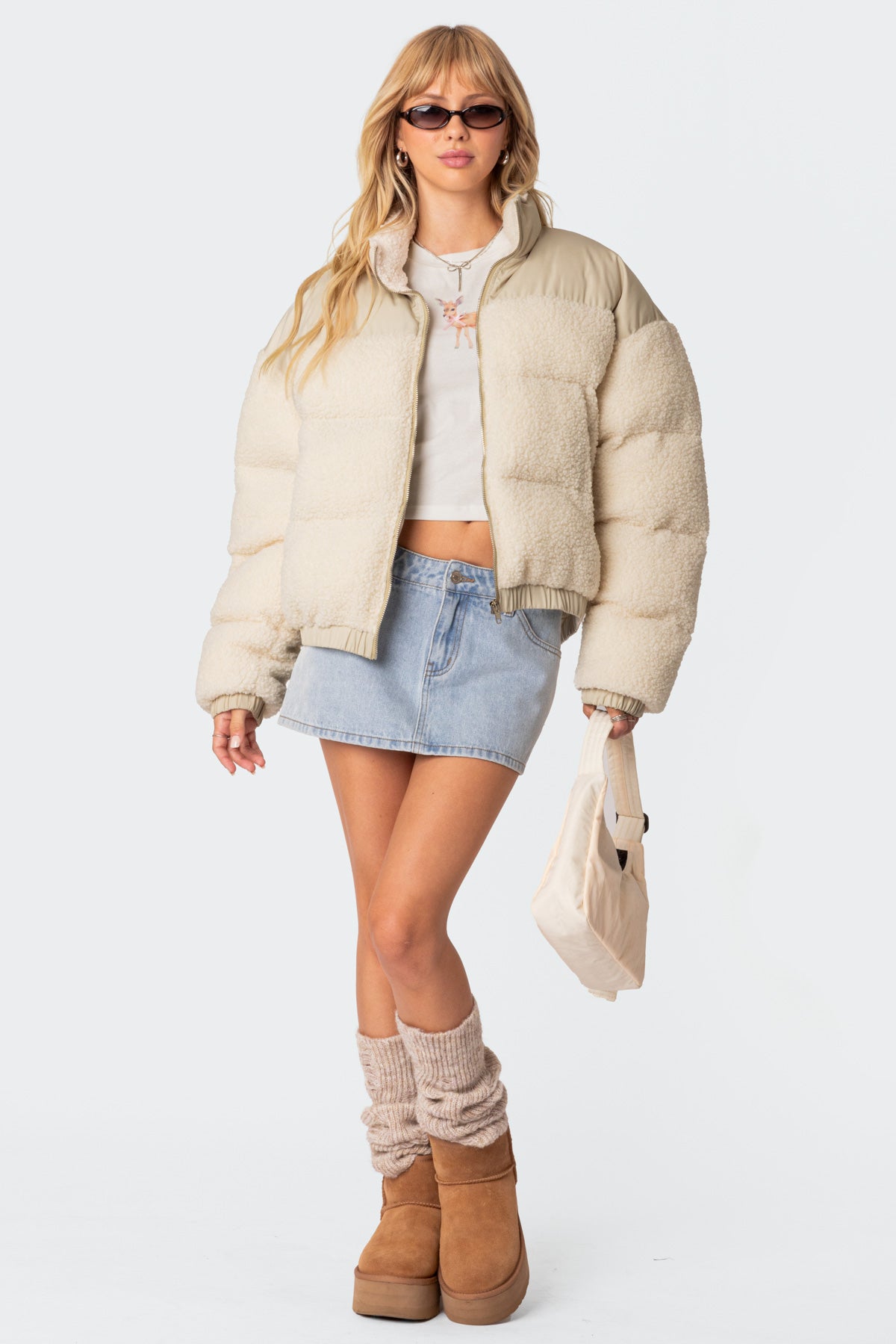 Cream Oversized Sherpa Puffer Jacket for Women