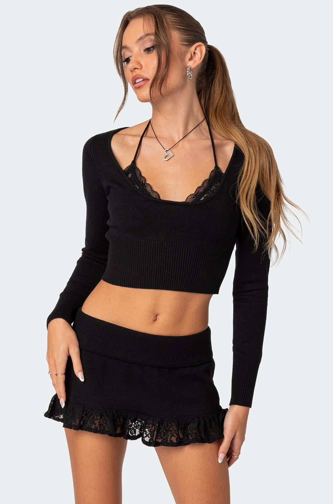 Black Knit Lace Bra Detail Sweater Top
