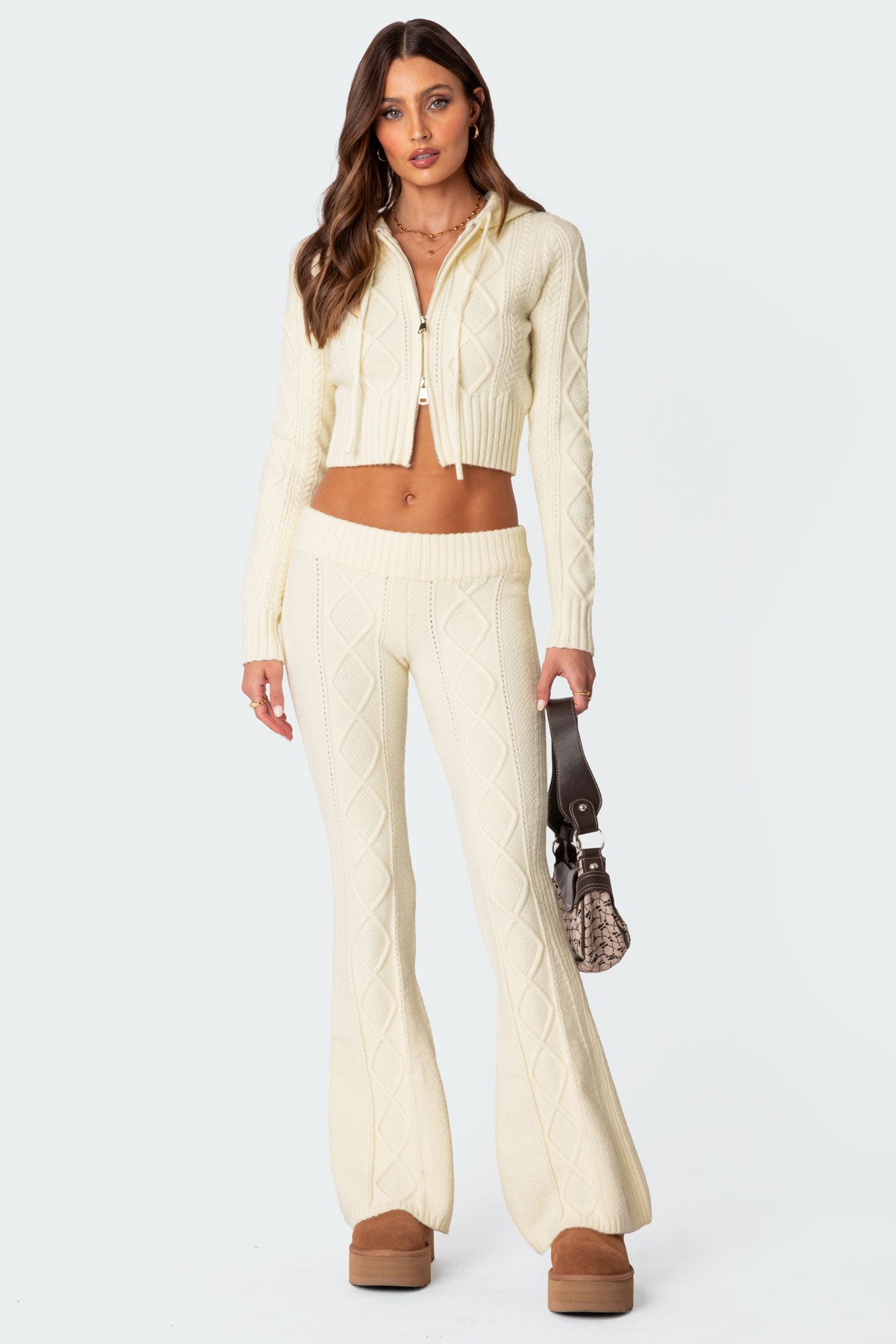 Cream Cable Knit Flare Pants Set