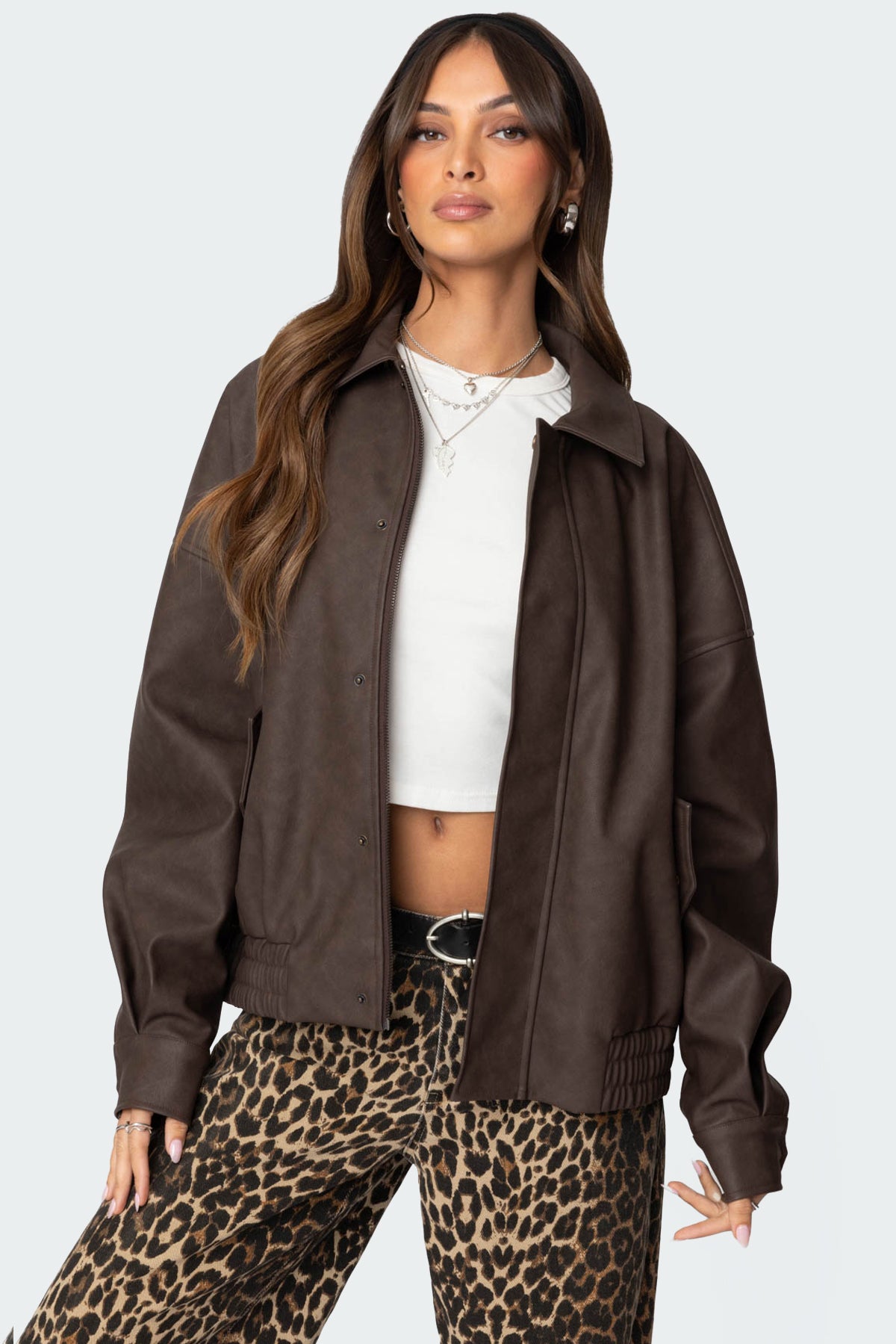 Brown Oversized Faux Leather Jacket Women