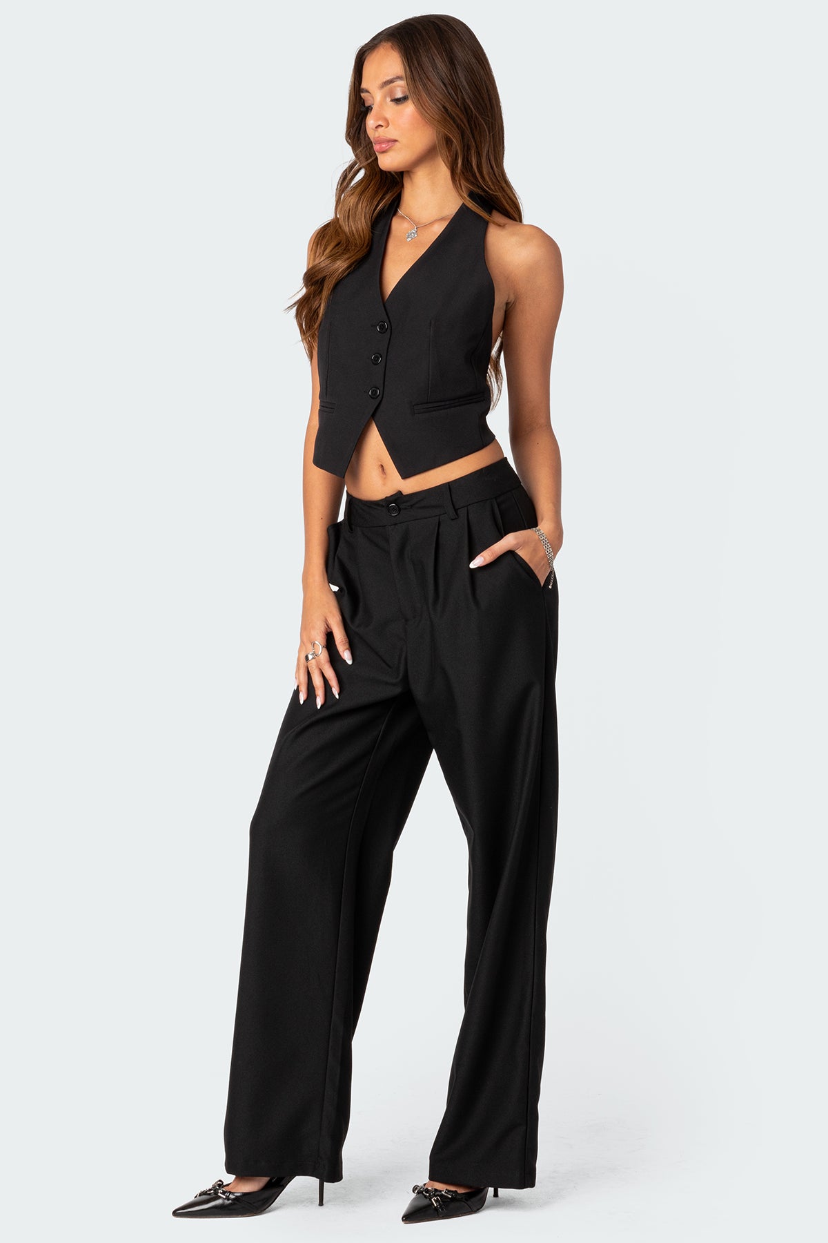 Black Halter Neck Open Back Vest Top