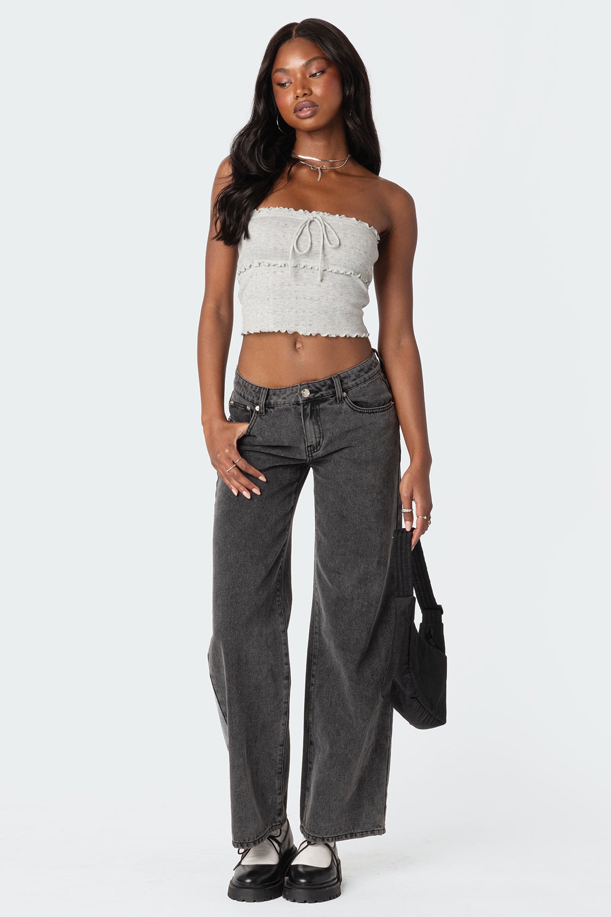 Gray Melange Pointelle Tube Top Womens Frilled Hem Tie Front Detail
