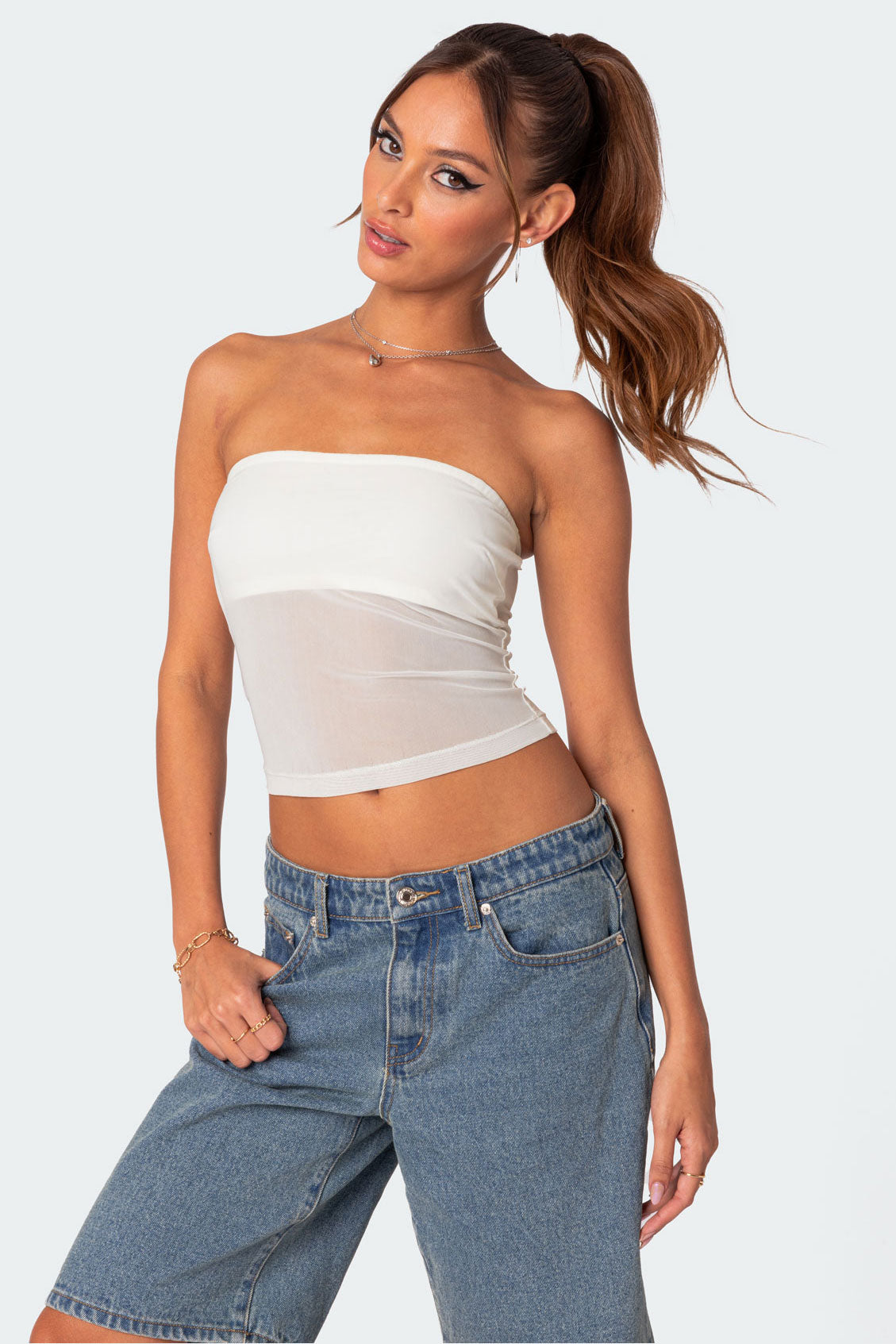White Sheer Mesh Tube Top for Women Strapless Style