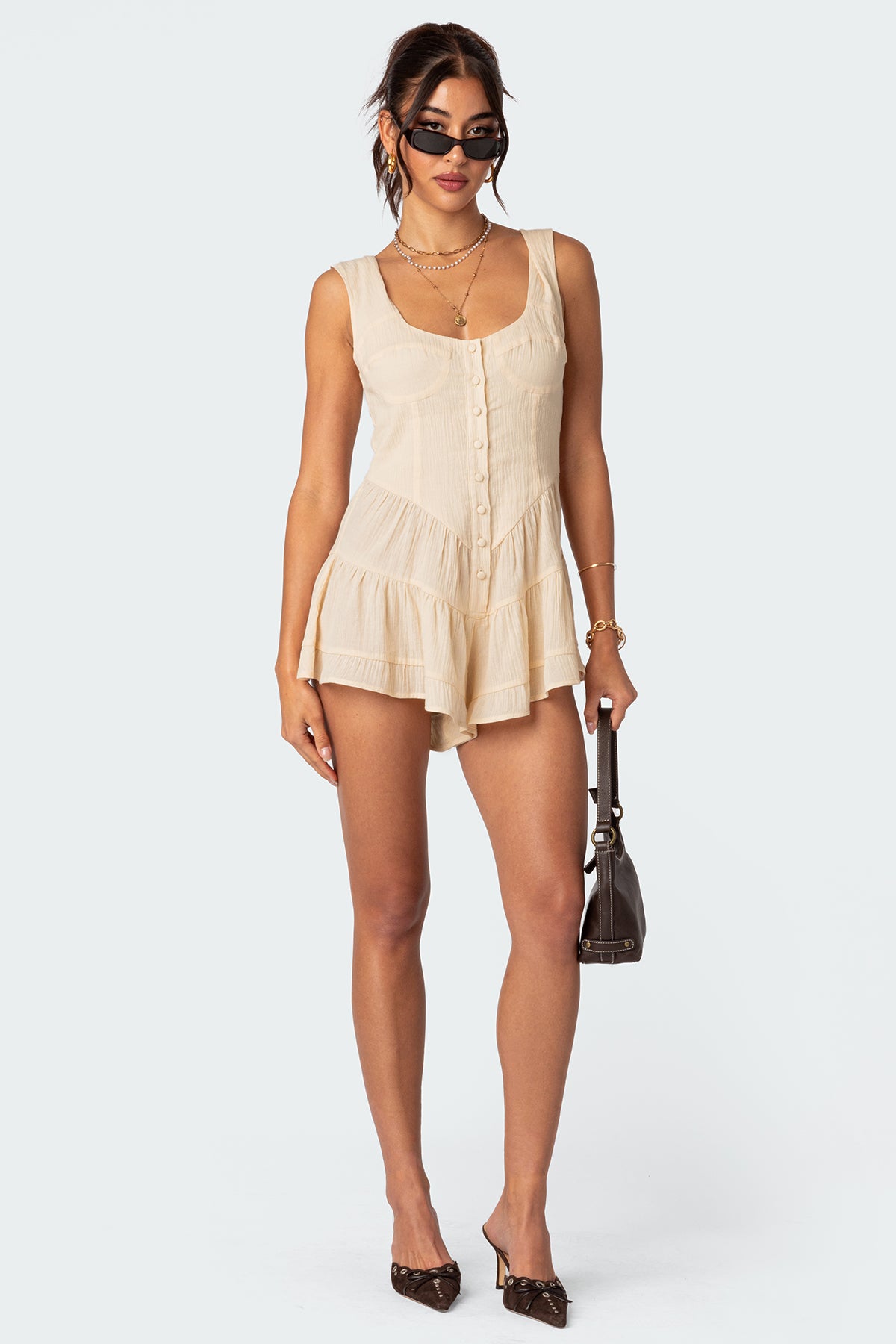 Beige Textured Jumpsuit Romper with Button Front Detailing