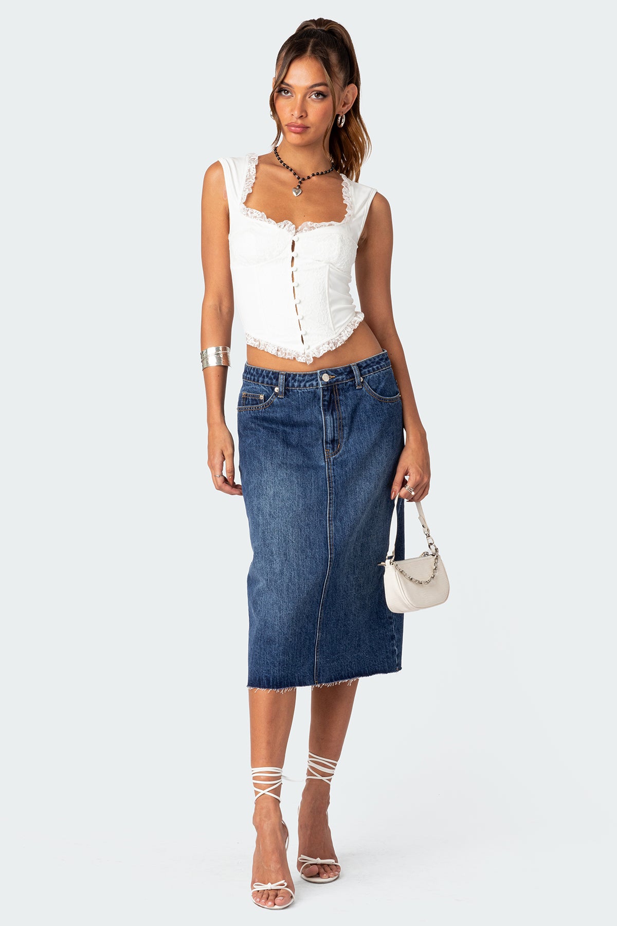Denim Midi Skirt in Dark Blue Washed - Womens Midi Skirt