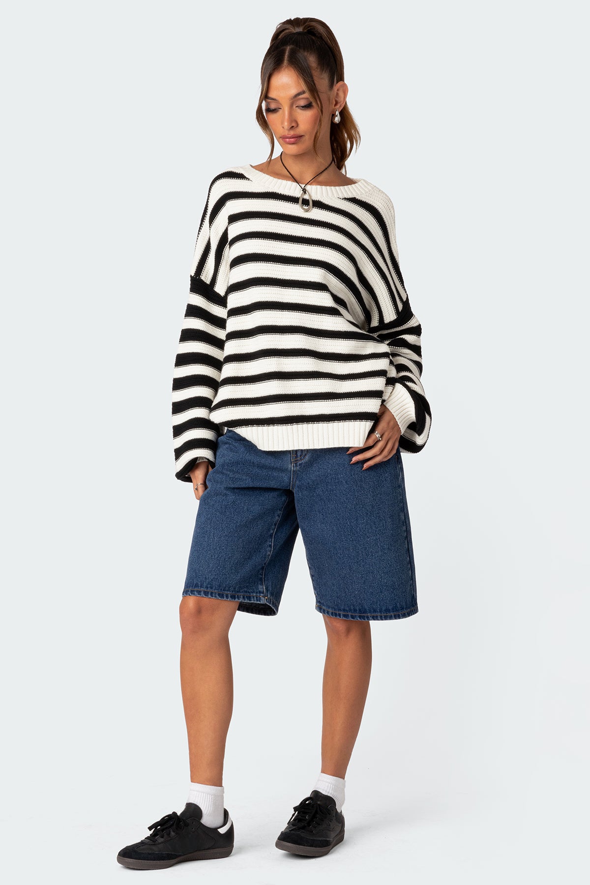 Chunky Knit Oversized Cotton Sweater in Black and White