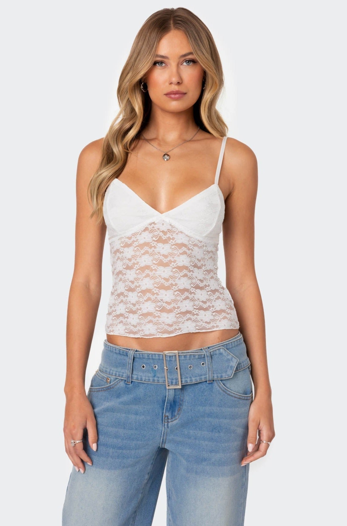 White Sheer Lace Tank Top with Adjustable Straps