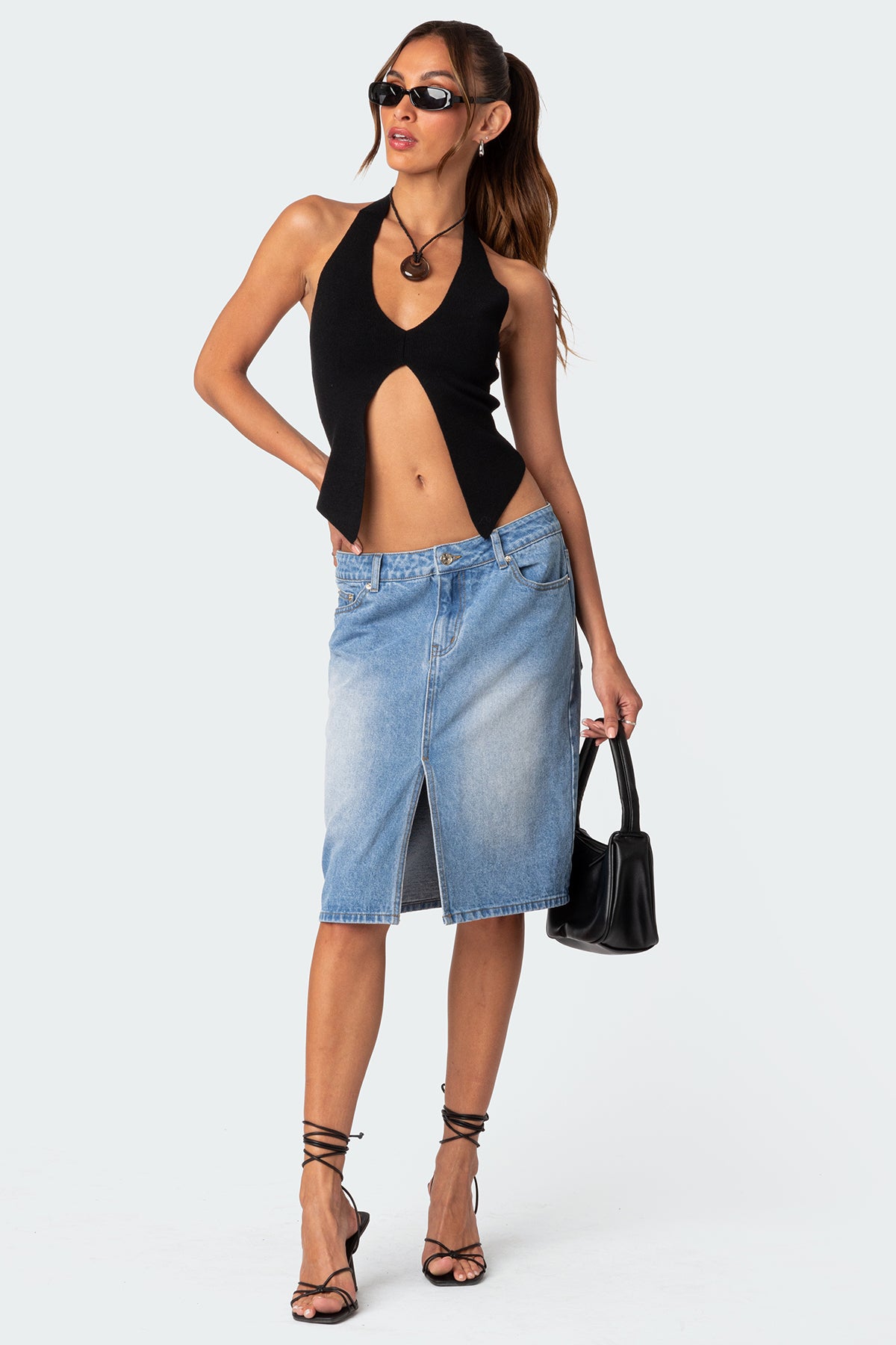 Blue Washed Denim Midi Skirt - Stylish Womens Skirt