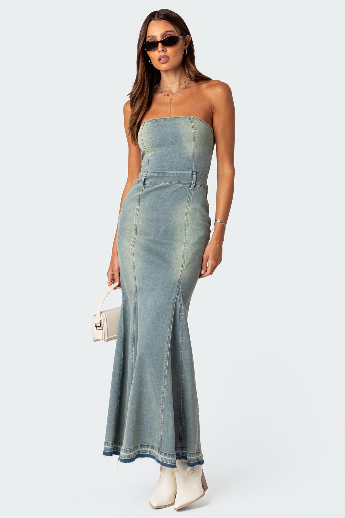 Blue Washed Denim Maxi Dress with Slit Detail