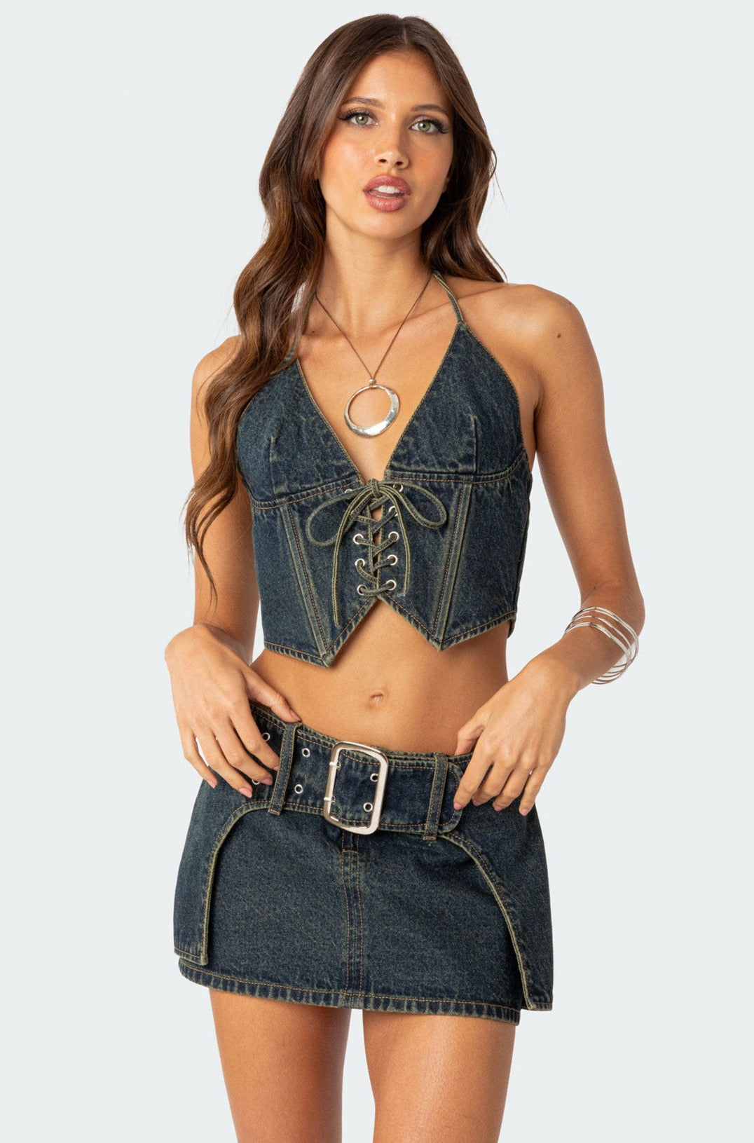 Denim Lace Up Corset in Blue Washed Cotton Fabric