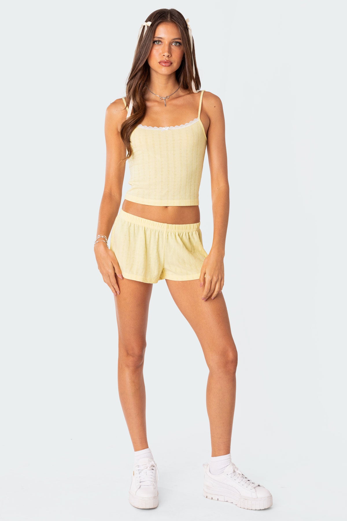 Yellow Pointelle Micro Sleepwear Shorts for Women