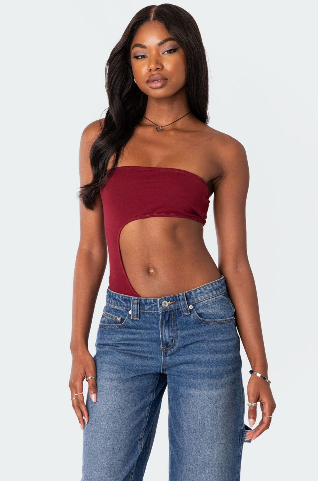 Burgundy Cut-Out Strapless Bodysuit - Womens Fashion Wear