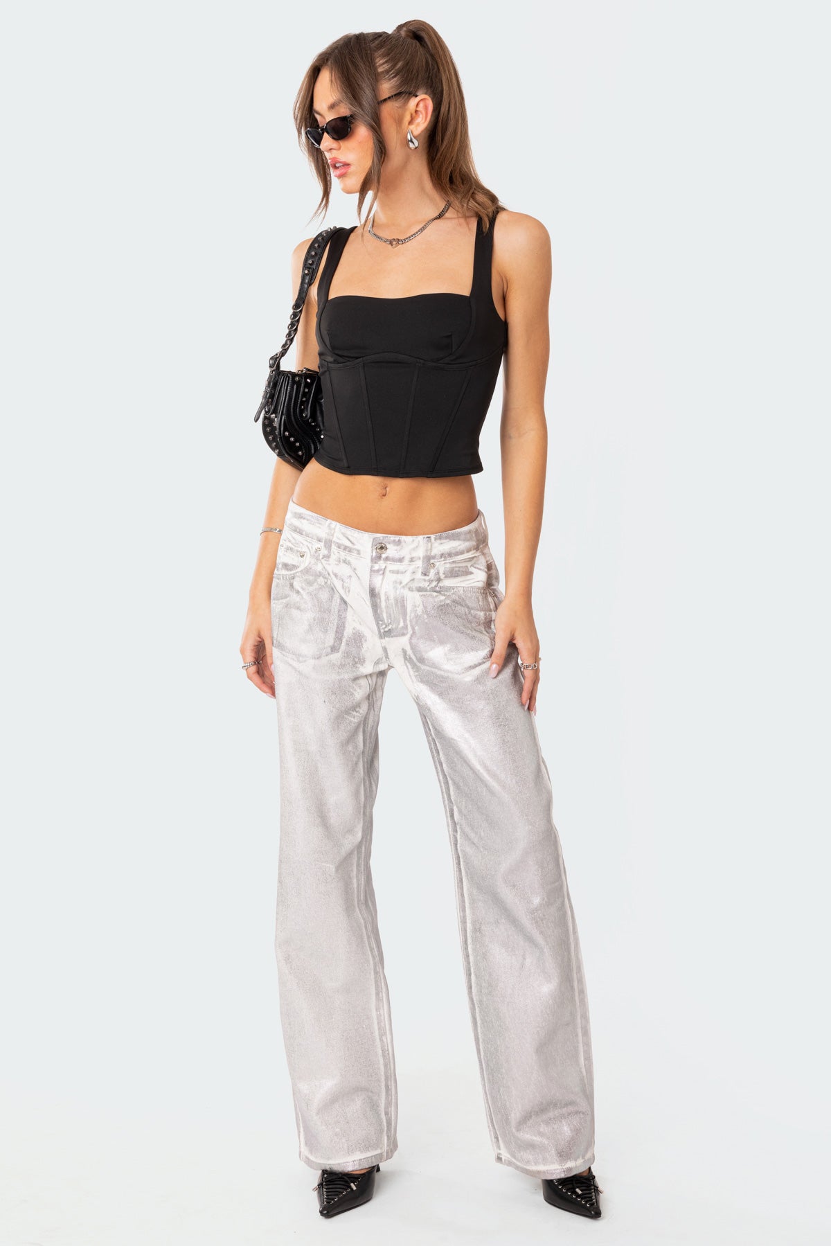 Metallic Silver Low Rise Denim Pants