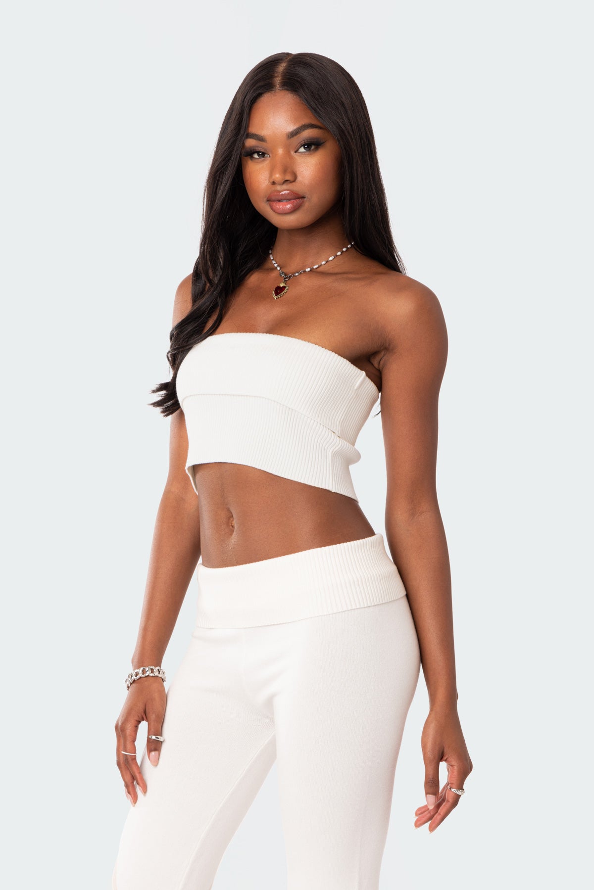White Knit Tube Top - Fold Over Bust Design