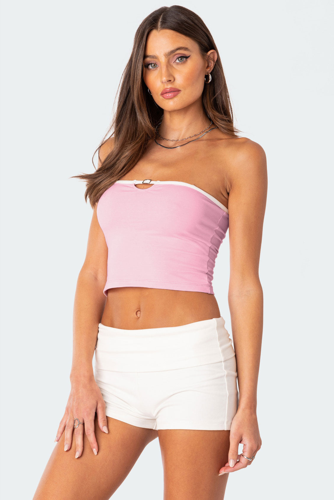 Light Pink Belted Tube Crop Top