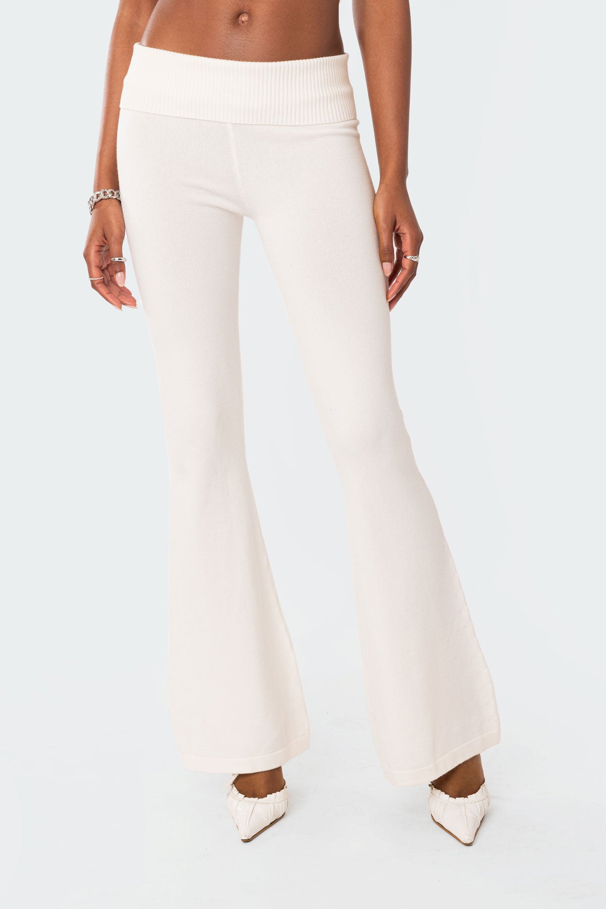White Knitted Fold Over Flared Pants