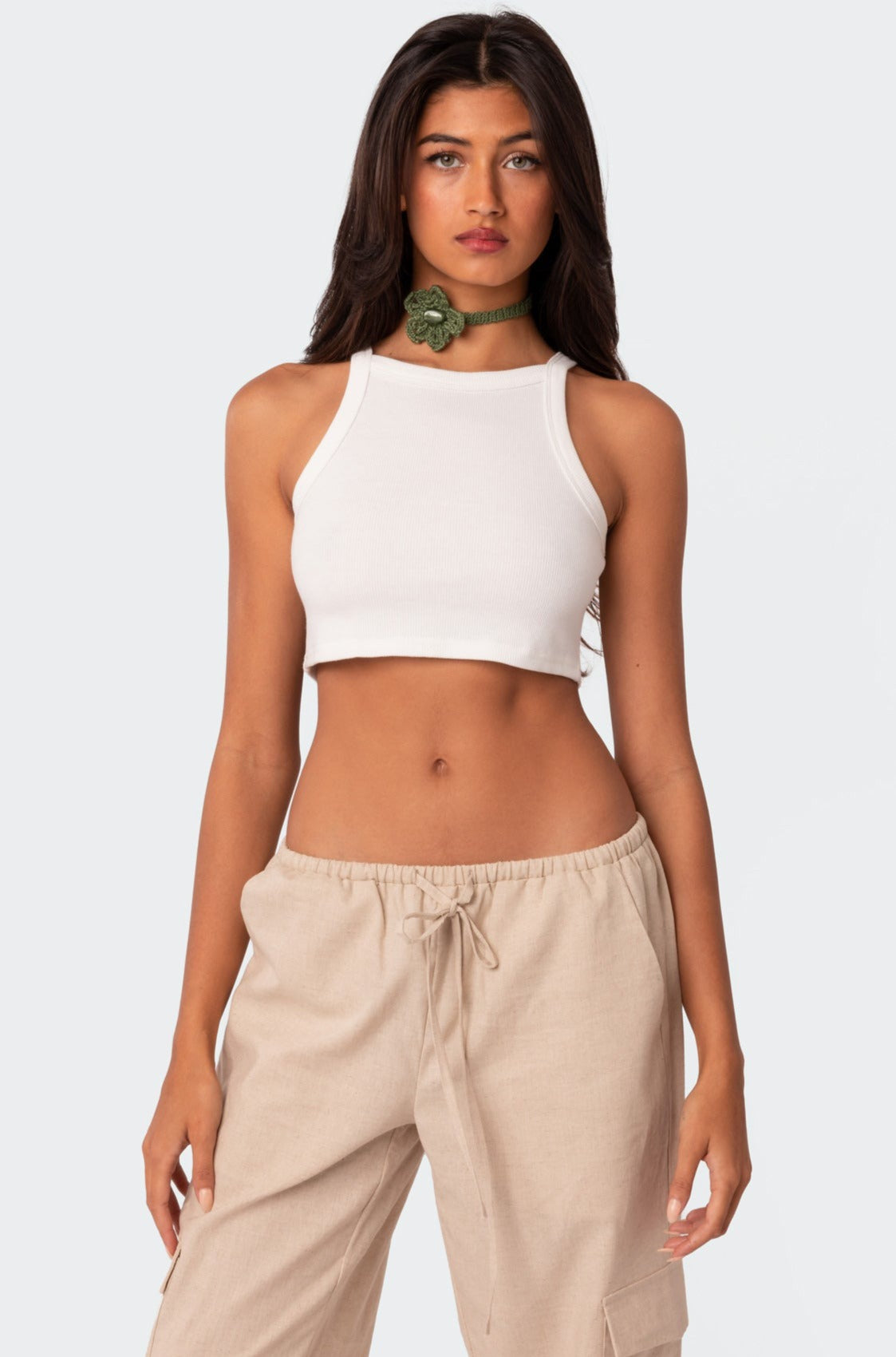 White Cropped Square Neck Tank Top