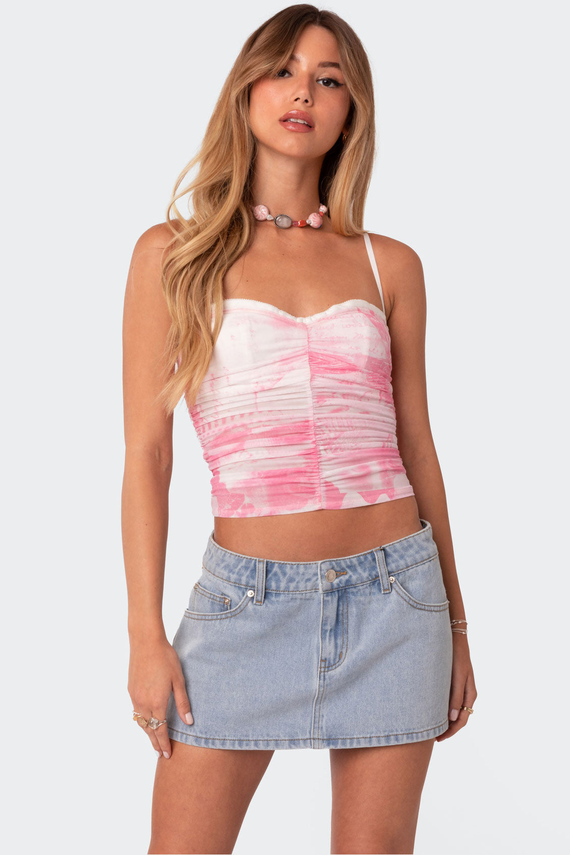 Pink Mesh Print Bra Top - Adjustable Straps, Cupped Design