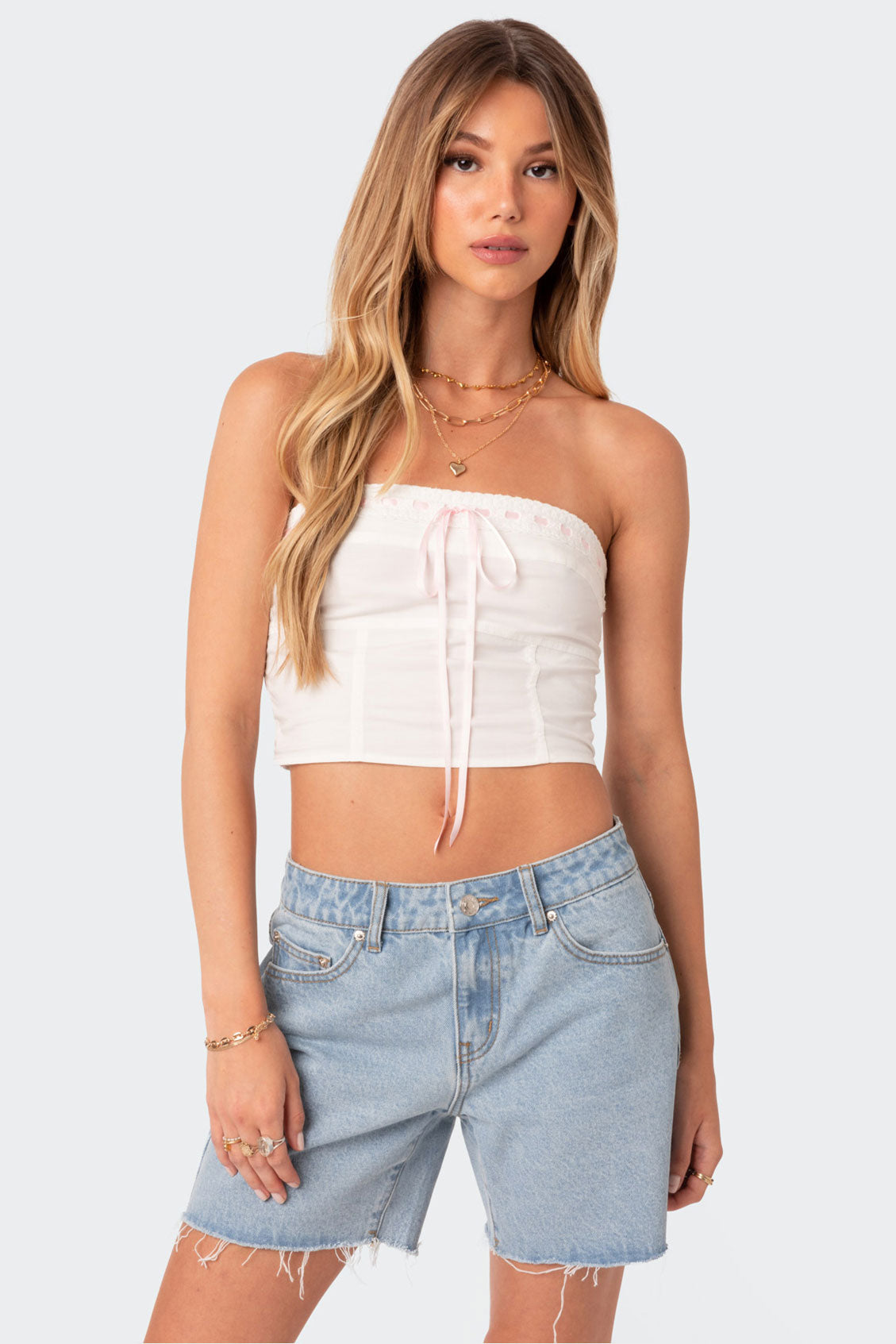 White Poplin Strapless Bustier Top with Ribbon Detail
