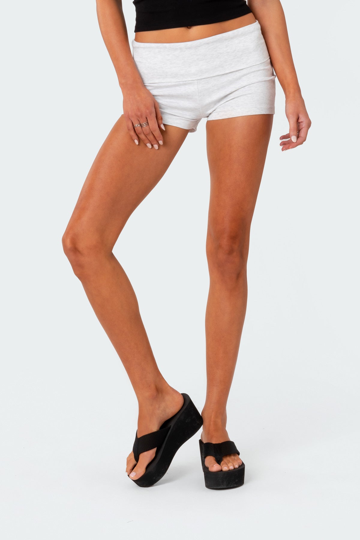 Fold Over Gray Melange Cotton Spandex Shorts