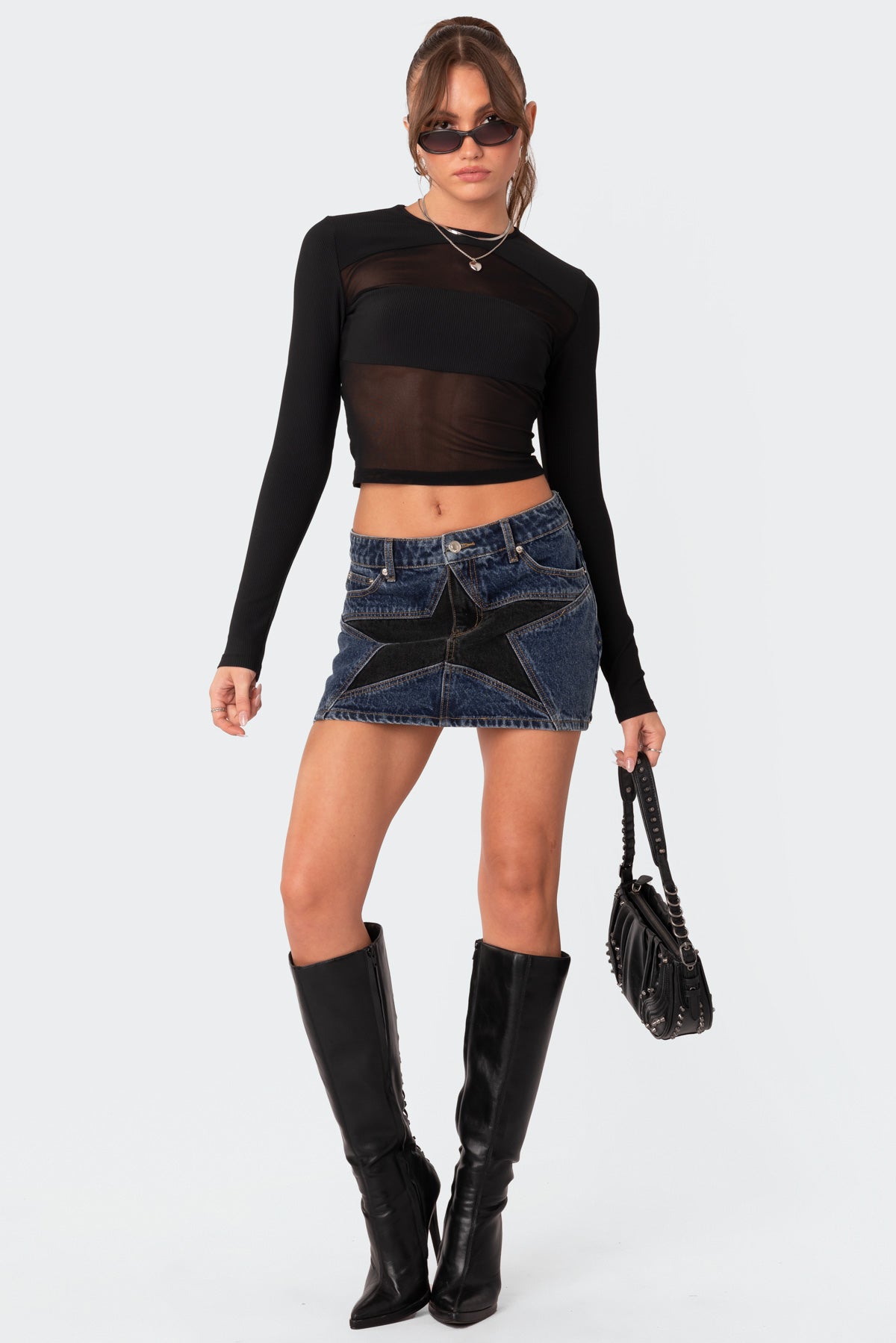 Blue Denim Mini Skirt with Star Panel Detail