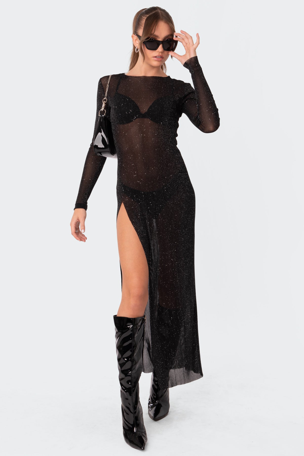 Black Sheer Mesh Maxi Dress with Side Slit