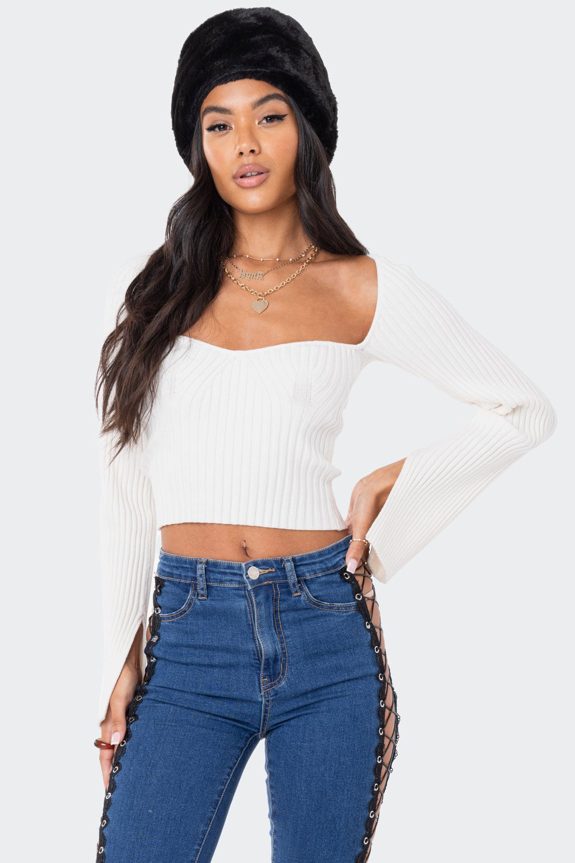 Cream Knitted Sweetheart Sweater