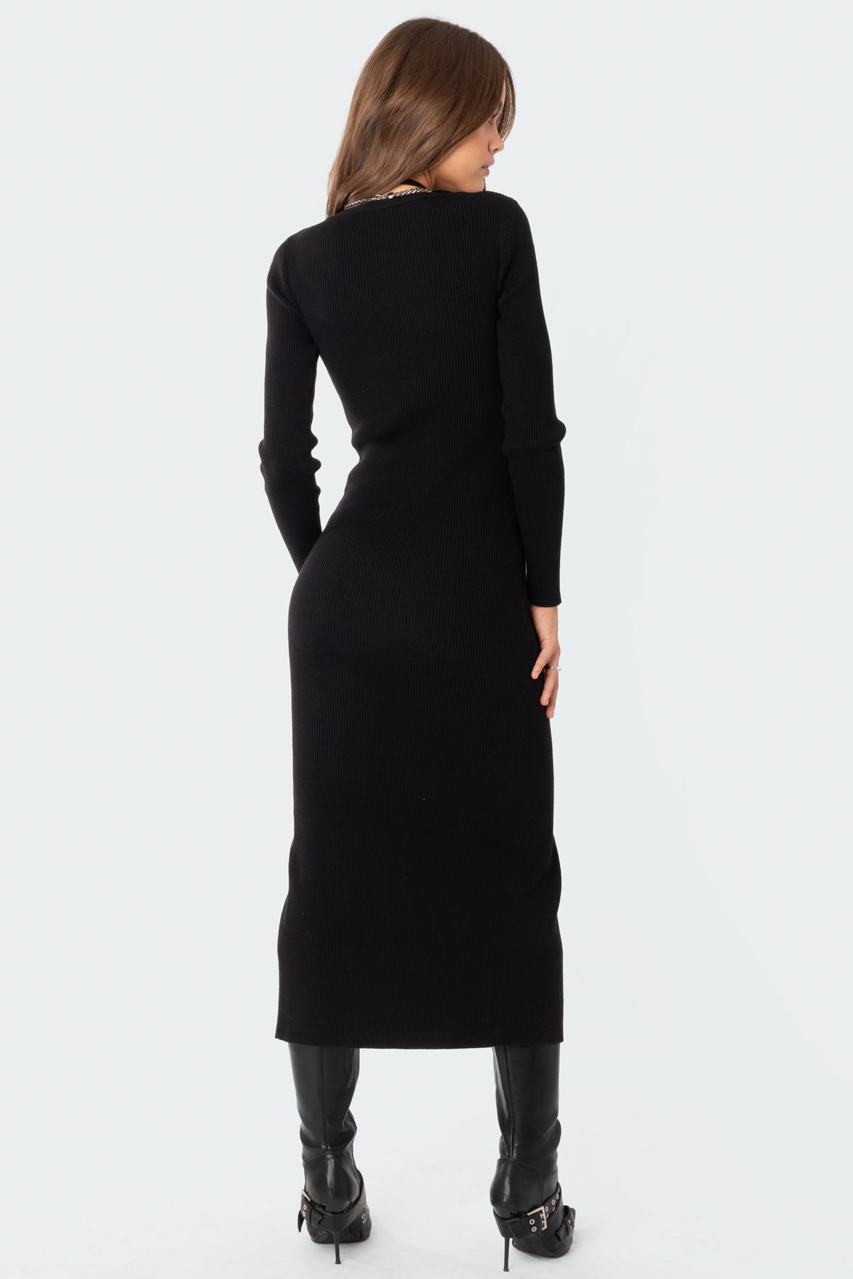 Black Knitted V-Neck Maxi Dress with Front Buttons