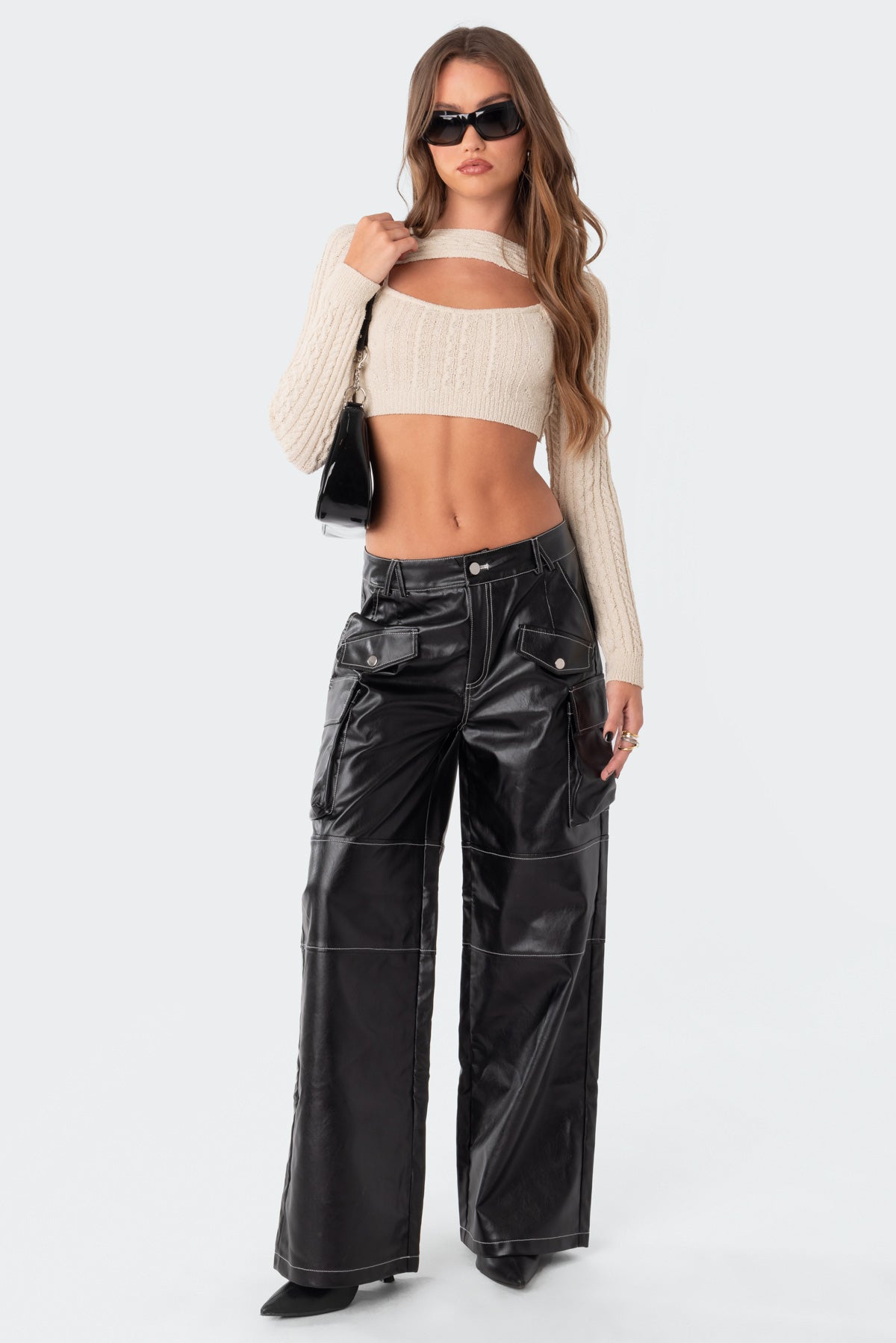 Black Faux Leather Cargo Pants Military Style
