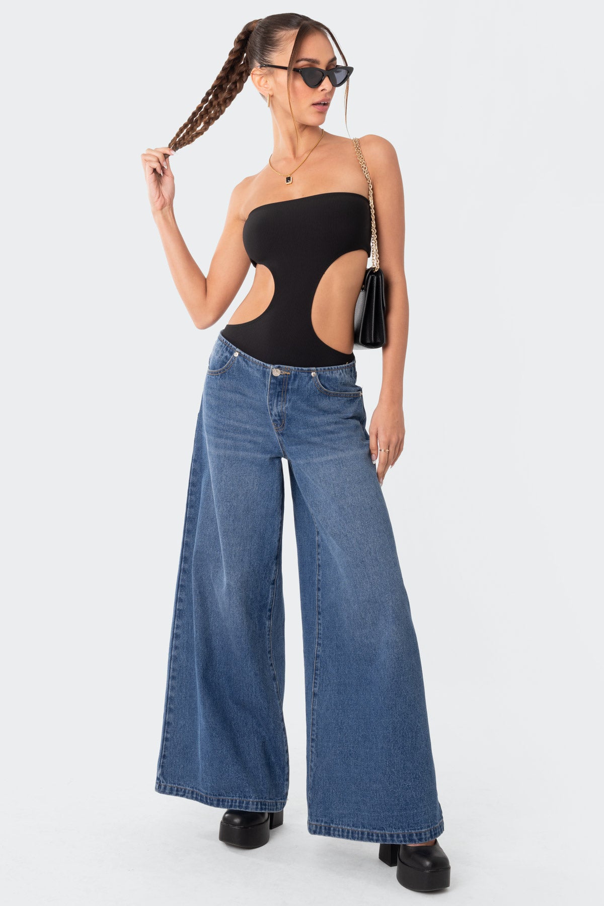 Ribbed Cut Out Bodysuit in Black XS-S-L Sizes