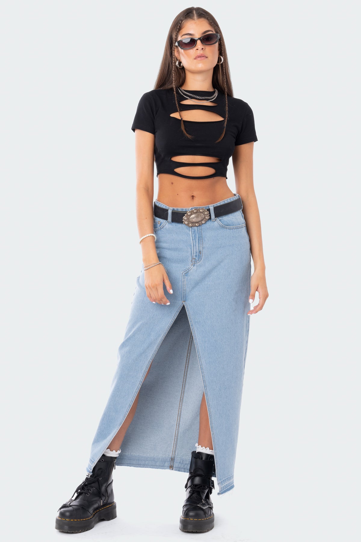 Blue Denim Maxi Skirt with Front Slit