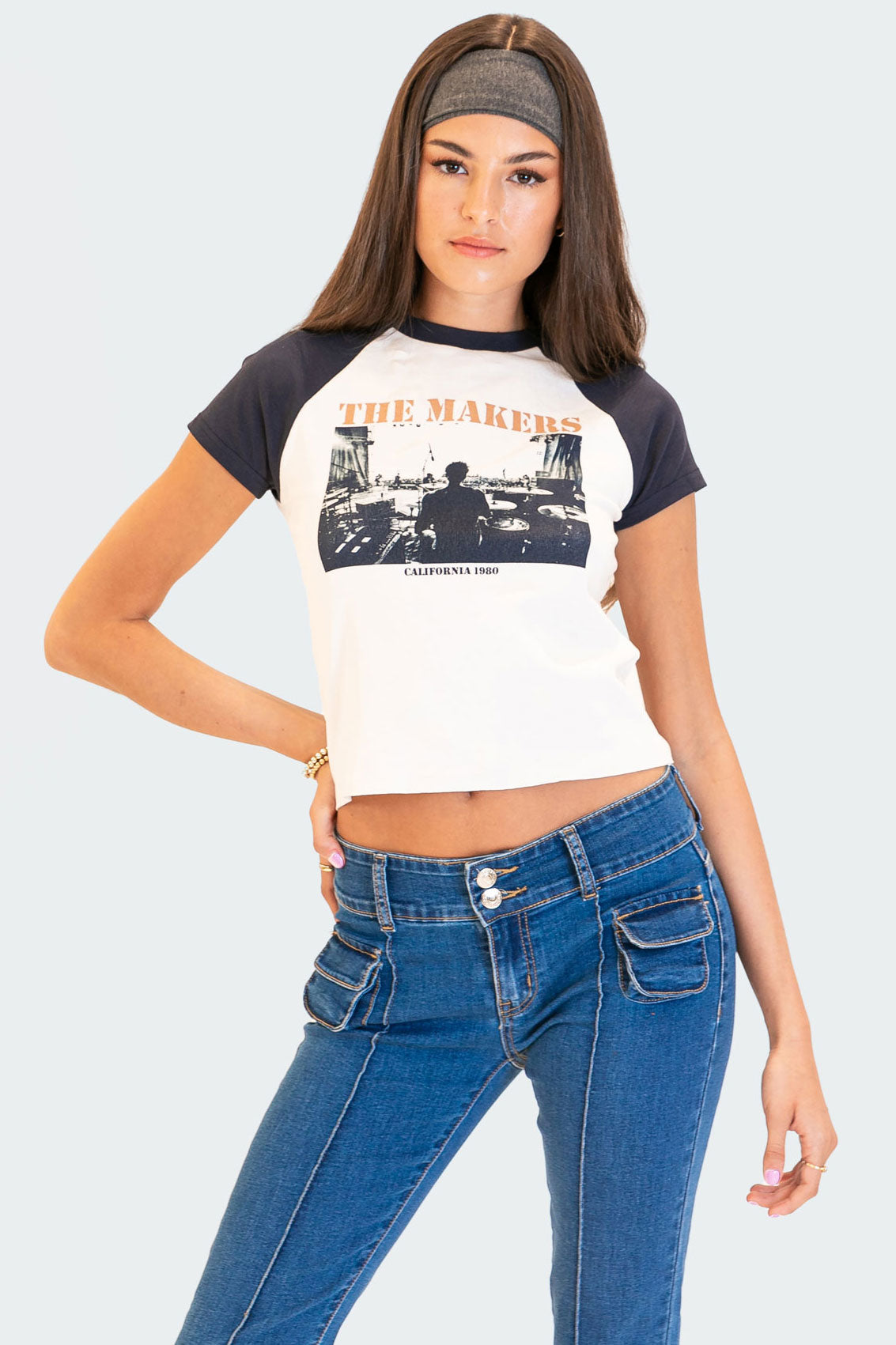 Raglan Baby Tee Shirt in White Cotton Spandex Blend
