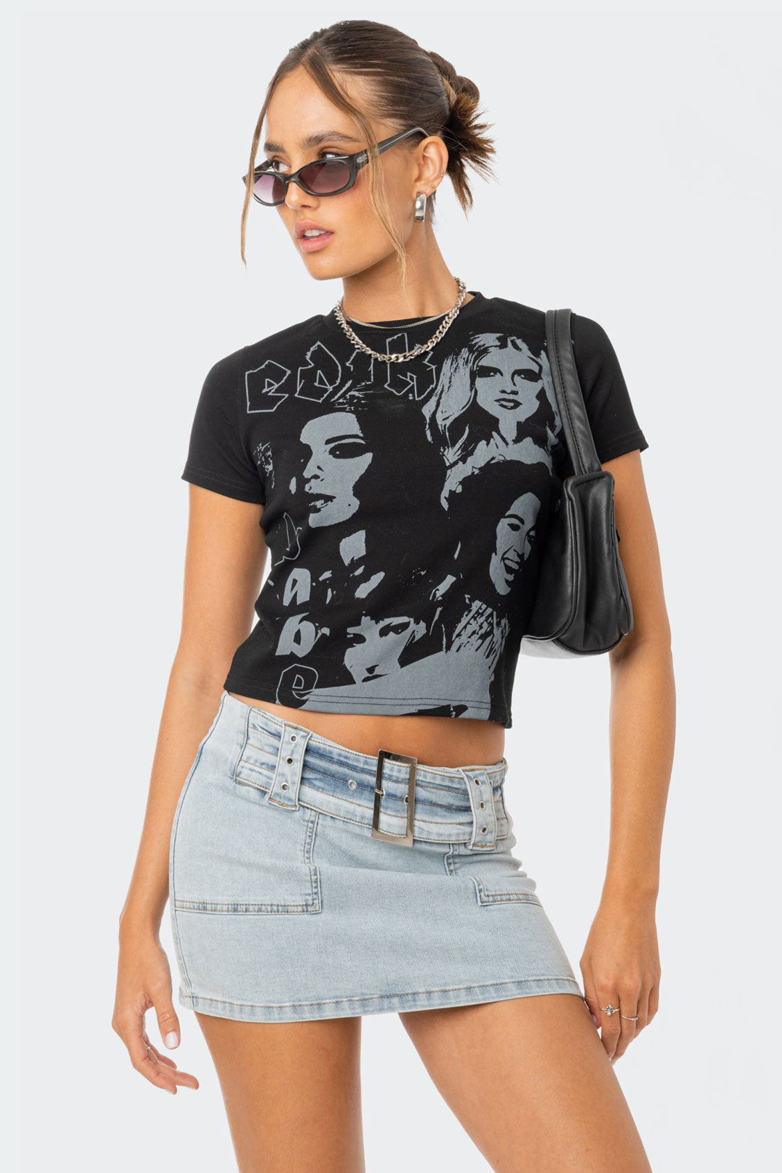 Mono Face Graphic T-Shirt Black Stretch Fabric Shirt Women