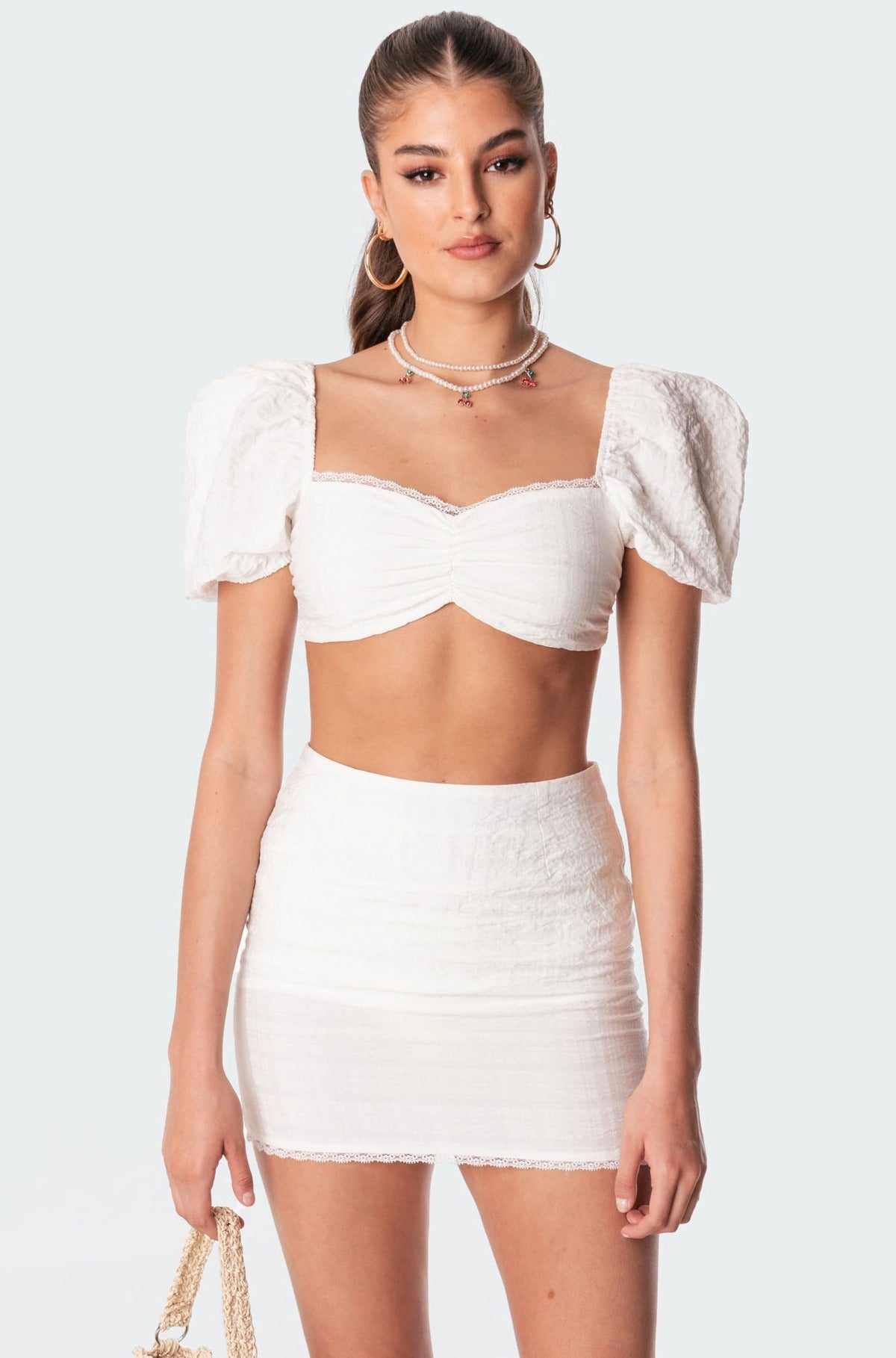 White Linen Look Crop Top with Lace Trim