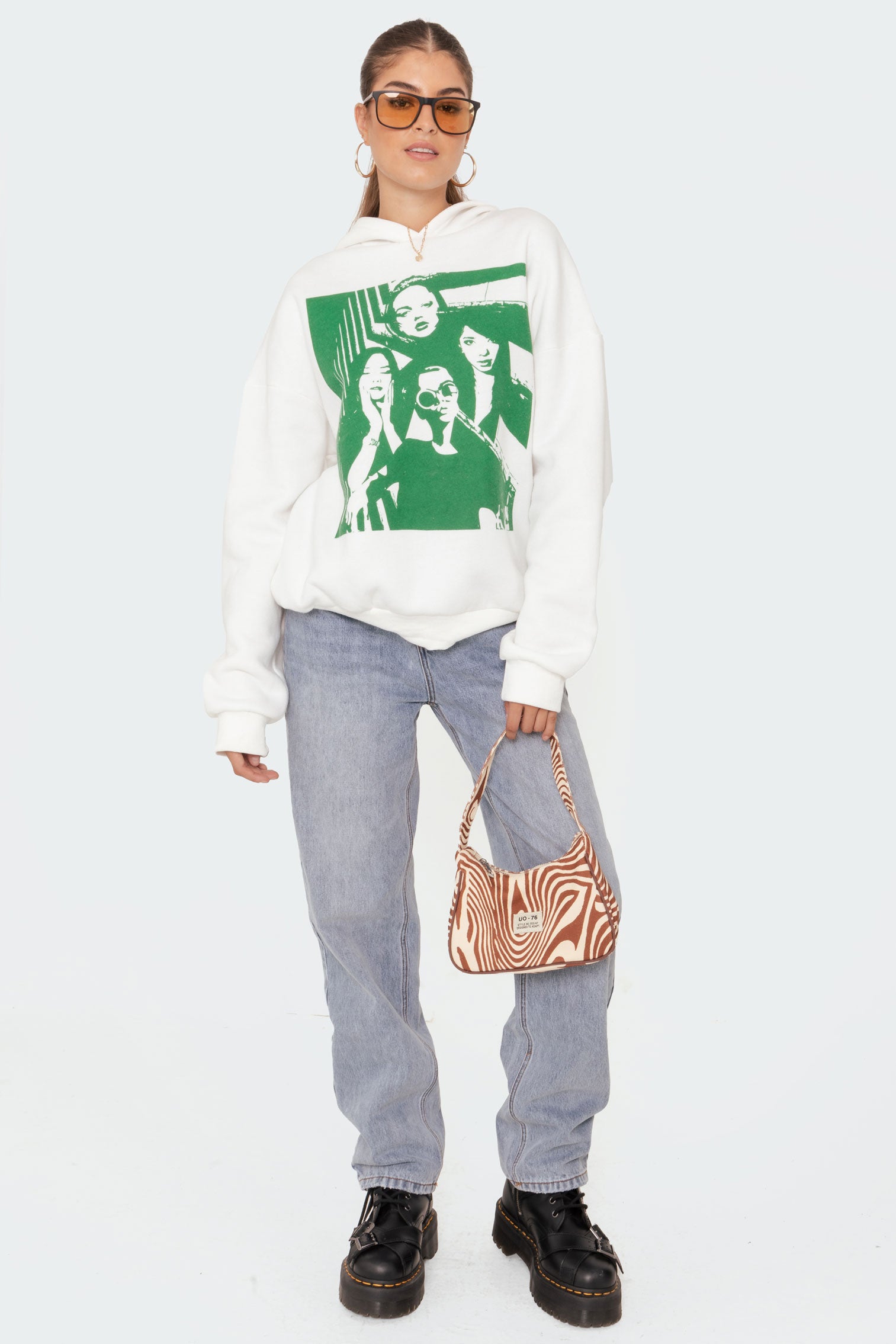 White Mono Print Hoodie Womens Casual Pullover Shirt