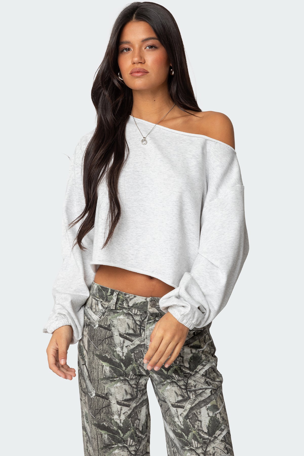 Light Gray Off Shoulder Sweatshirt Womens Casual Wear