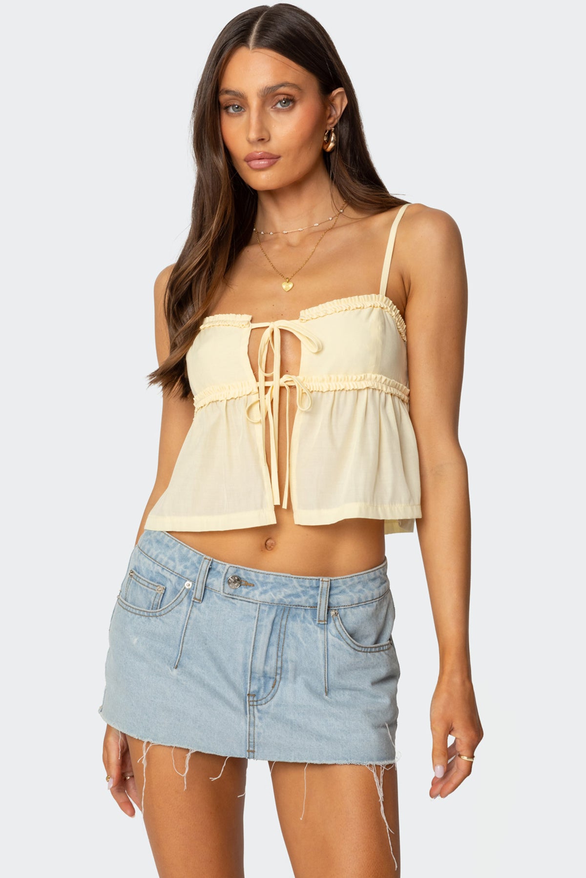 Yellow Tie Front Tank Top Womens Ruffle Detailing