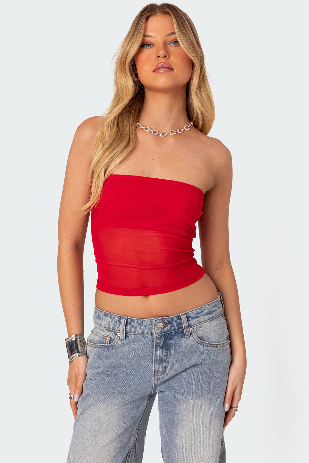 Red Sheer Mesh Tube Top XS-XL Strapless Celestia