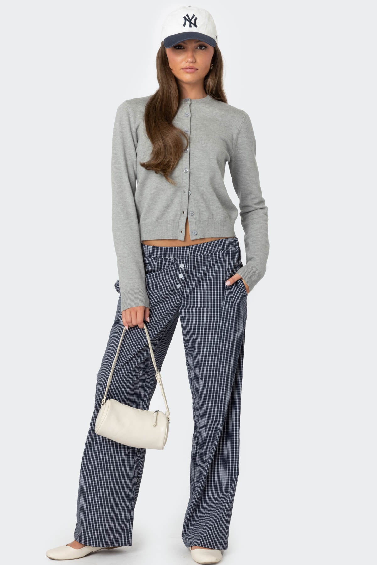 Navy Checkered Elastic Waistband Pants for Women