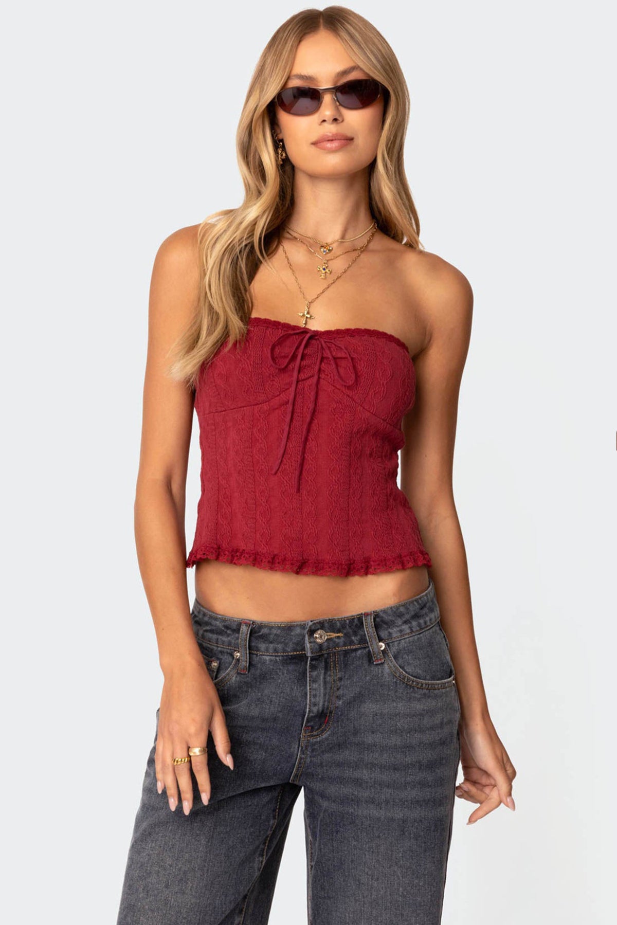 Burgundy Knit Tube Top with Lace Detailing