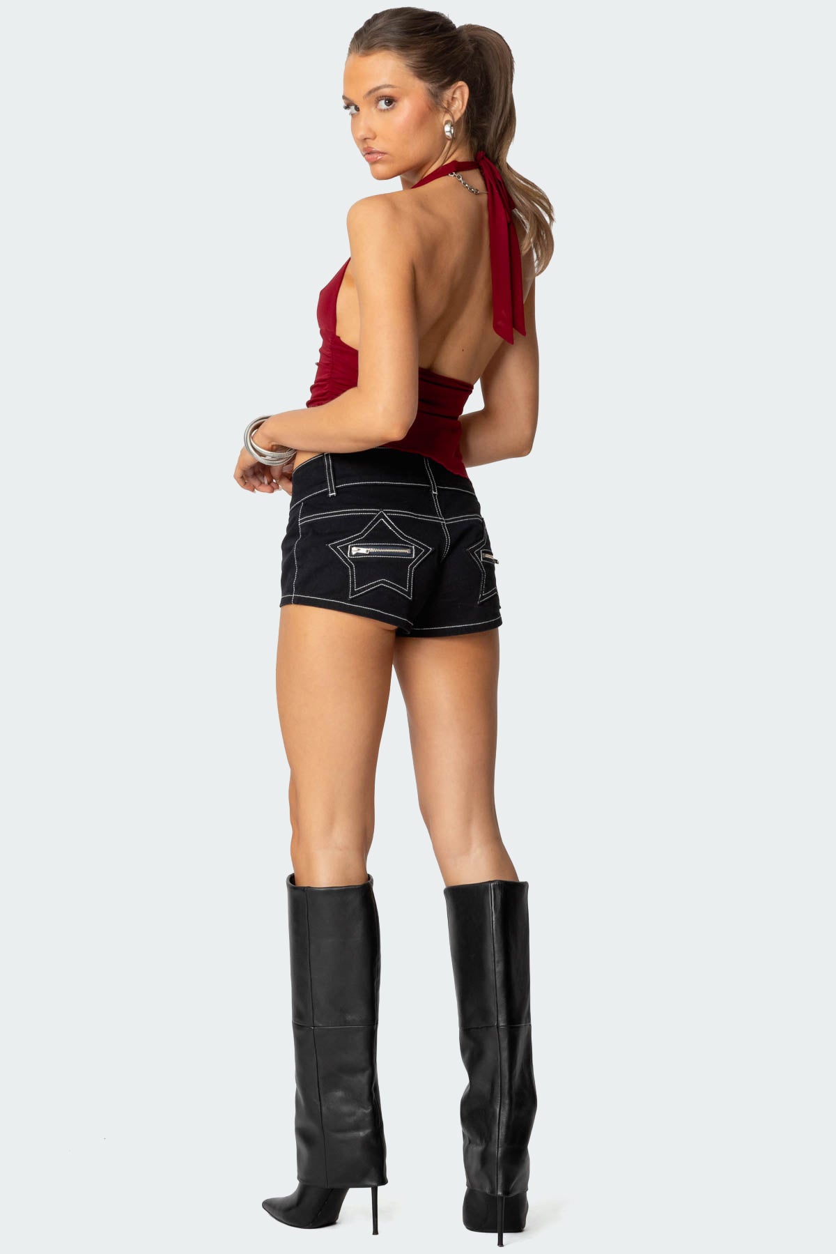 Black Modern Graphic Micro Shorts Womens Low Rise Style