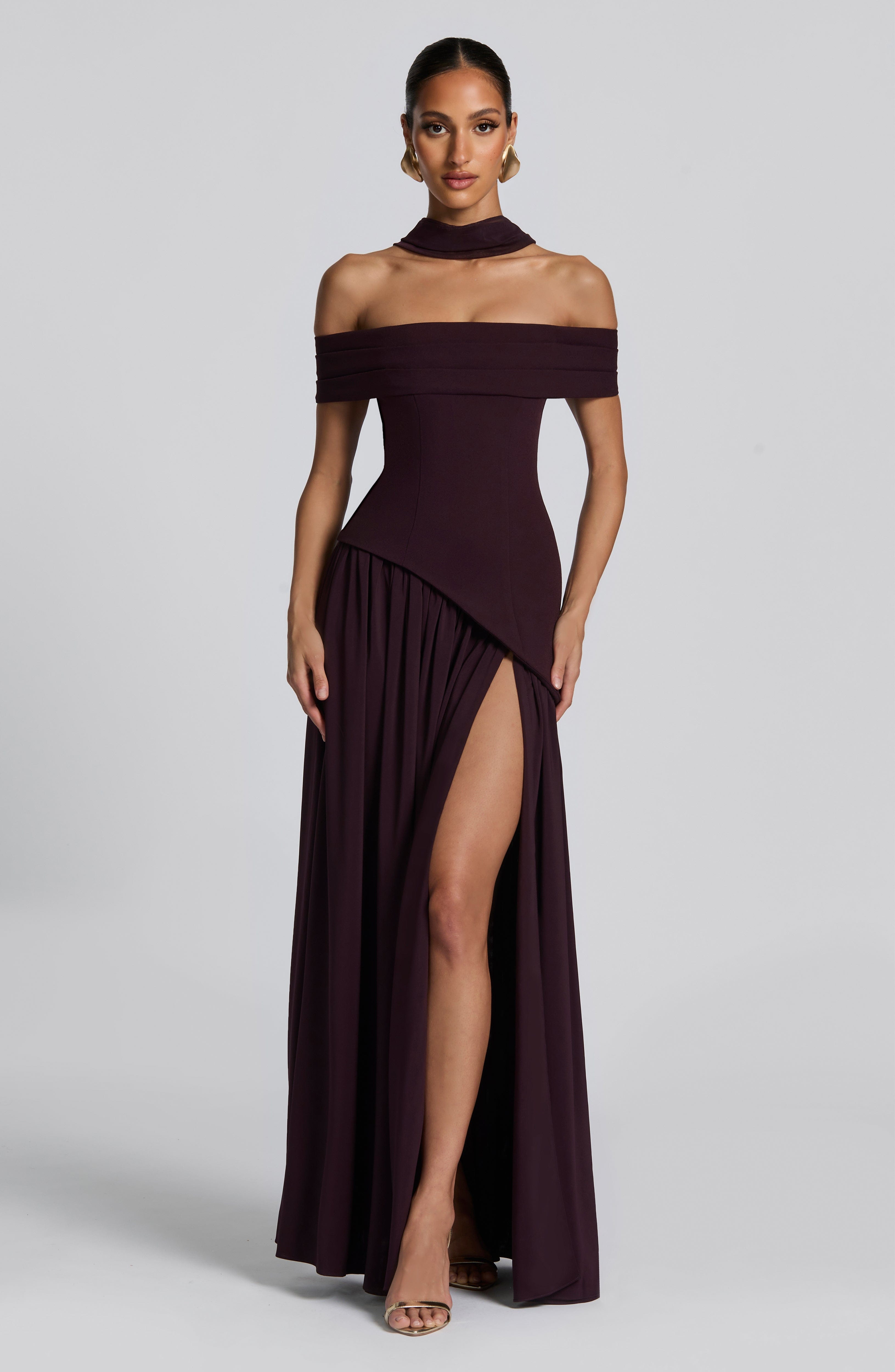 Plum Bardot Maxi Dress with Chiffon Skirt