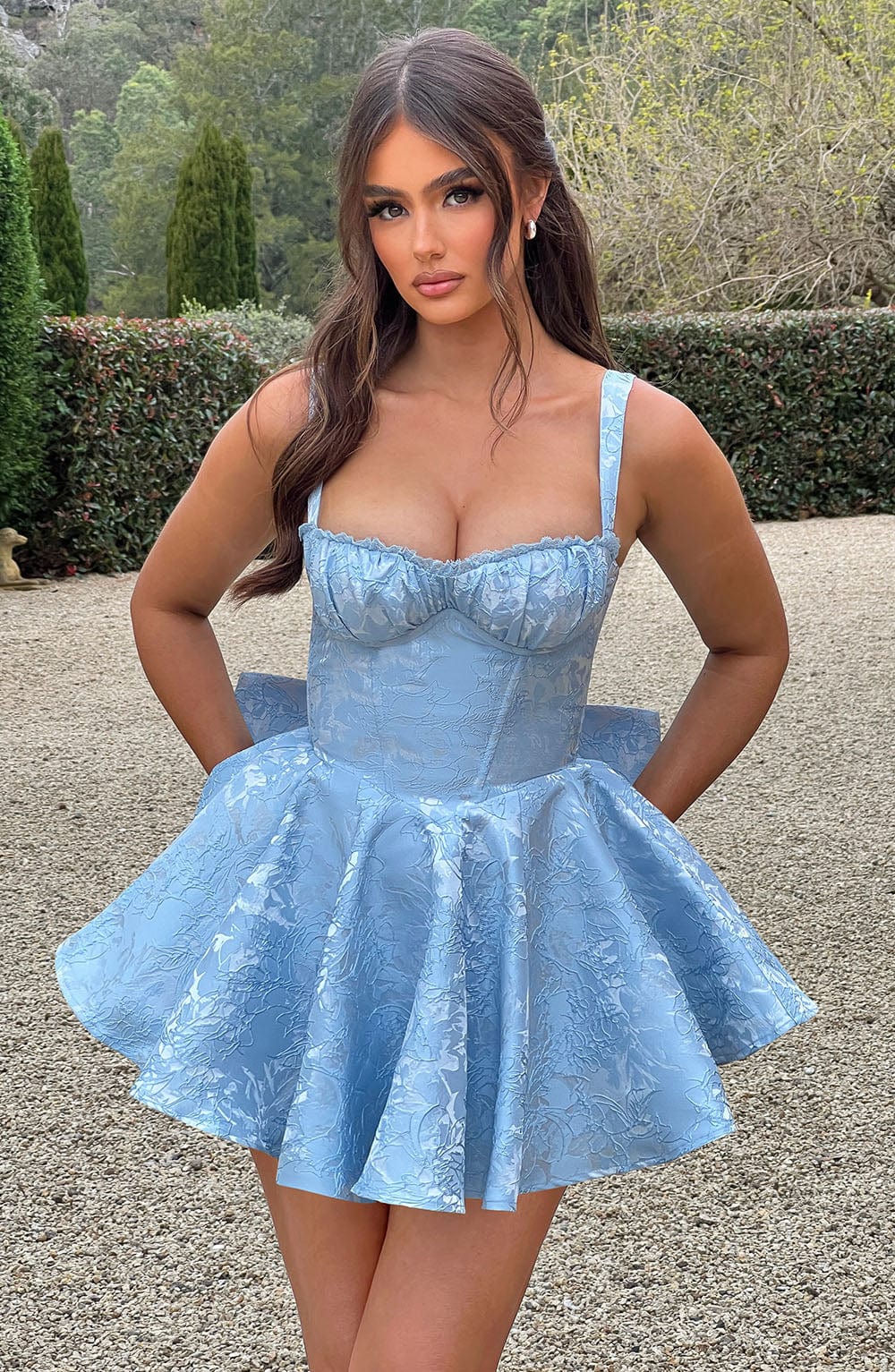 Blue Floral Jacquard Playsuit with Lace Trim Detail