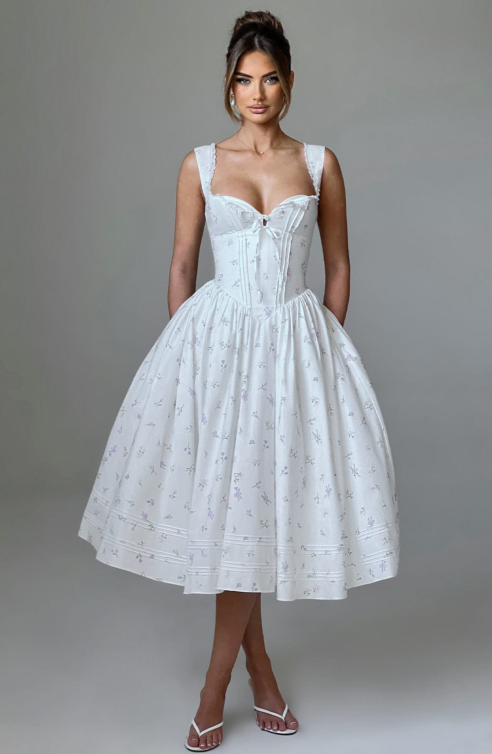White Floral Print Square Neck Midi Dress - Premium Cotton Blend