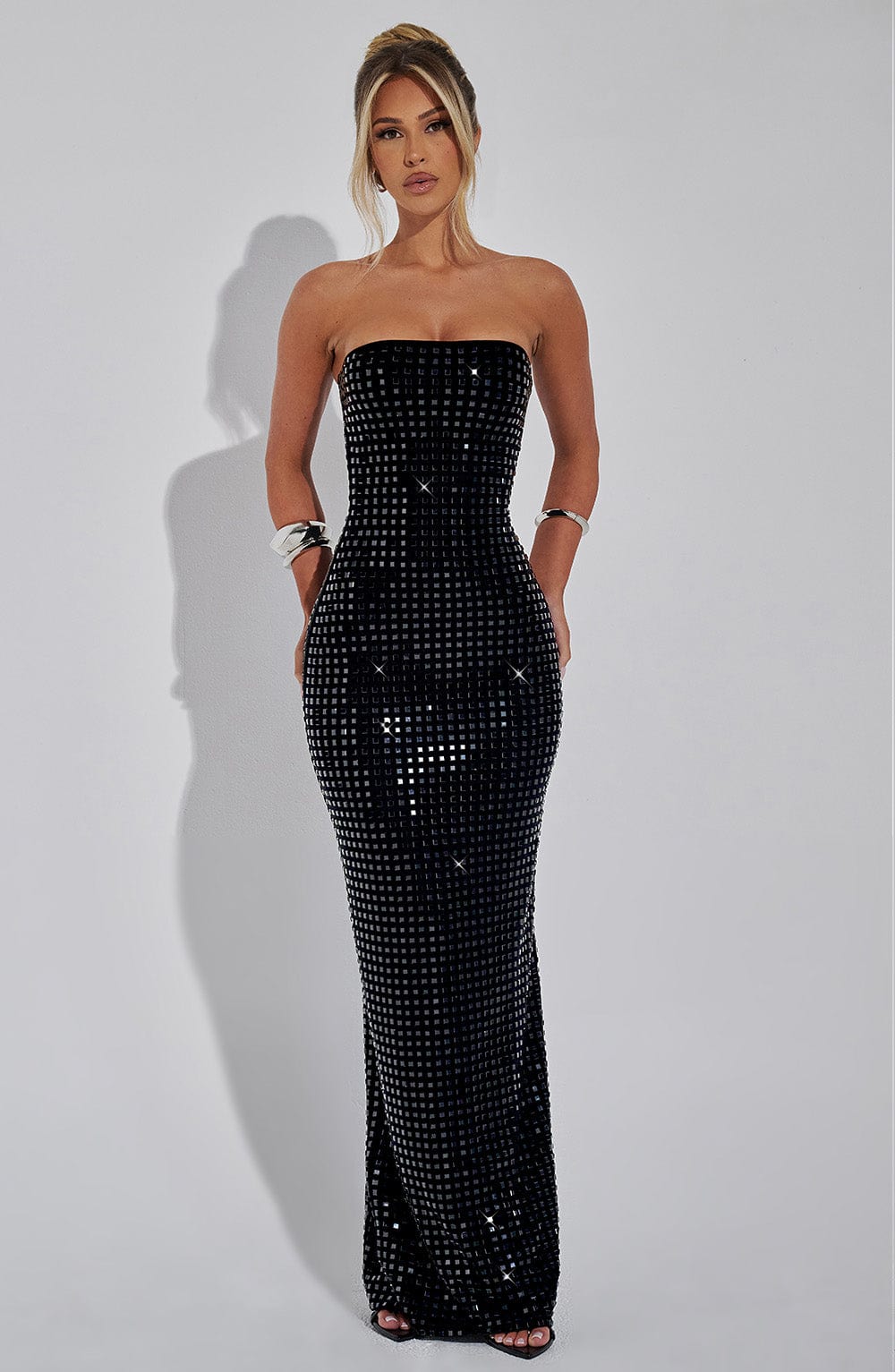 Black Strapless Maxi Dress with Hotfix Embellishments